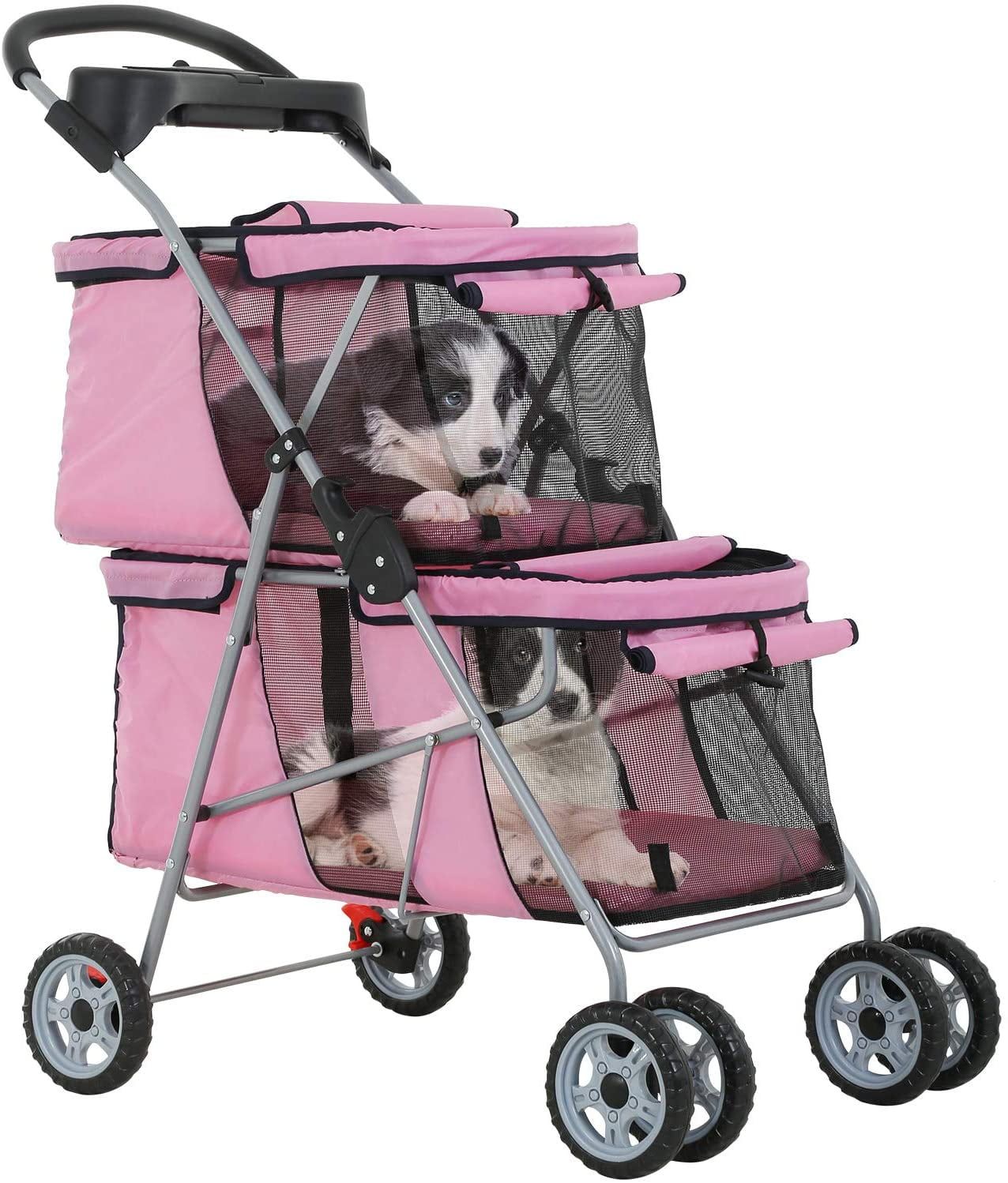 Pink Lightweight 4-Wheel Dog Stroller with Mesh Panels