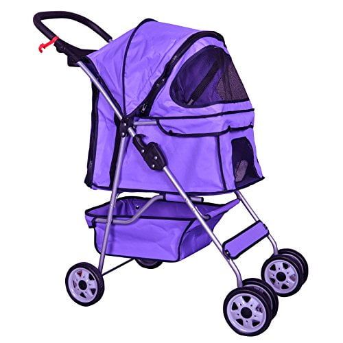 Purple Waterproof 4-Wheel Pet Stroller with Mesh Windows