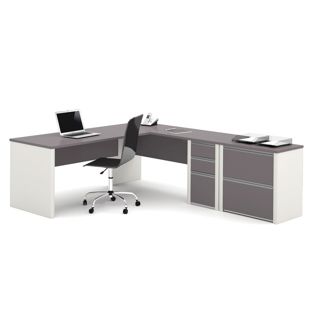 Modern White and Gray L-Shaped Computer Desk with Filing Cabinet