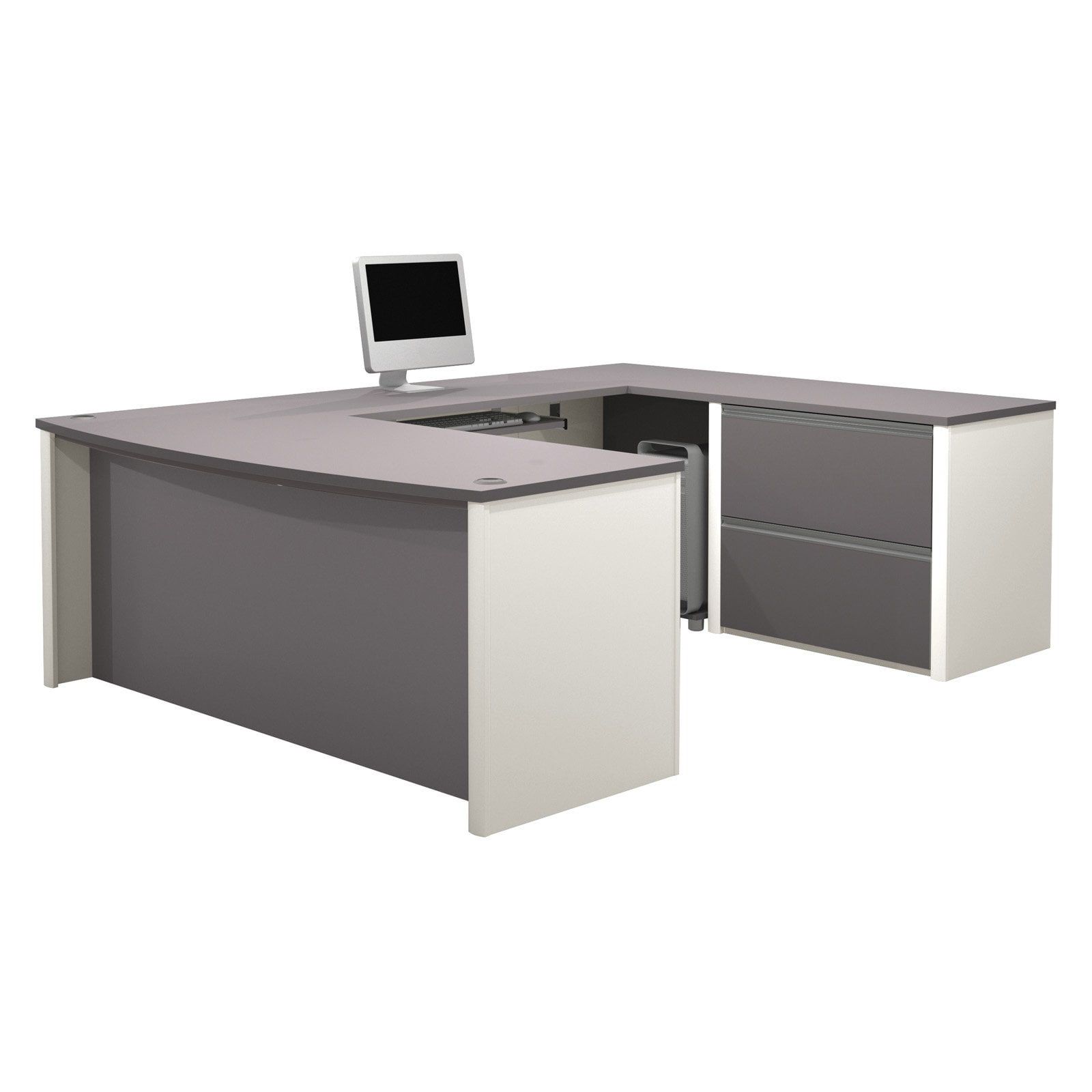 Contemporary Slate & Sandstone U-Shaped Executive Desk with Drawer & Filing Cabinet