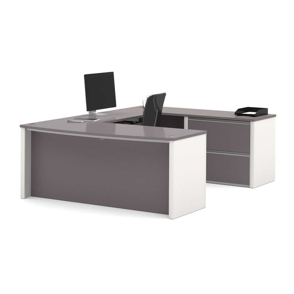 Contemporary Slate & Sandstone U-Shaped Executive Desk with Drawer & Filing Cabinet