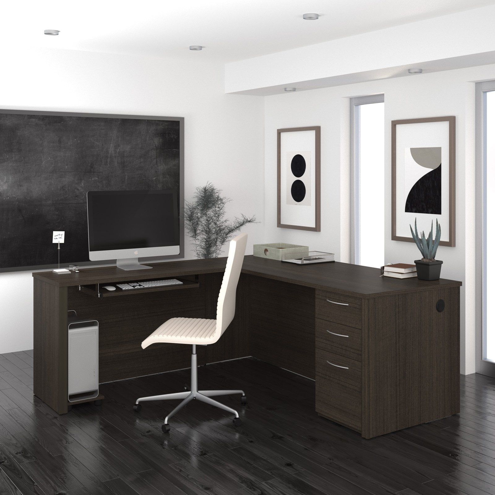 Contemporary Modern Dark Chocolate L-Shaped Desk with Drawers