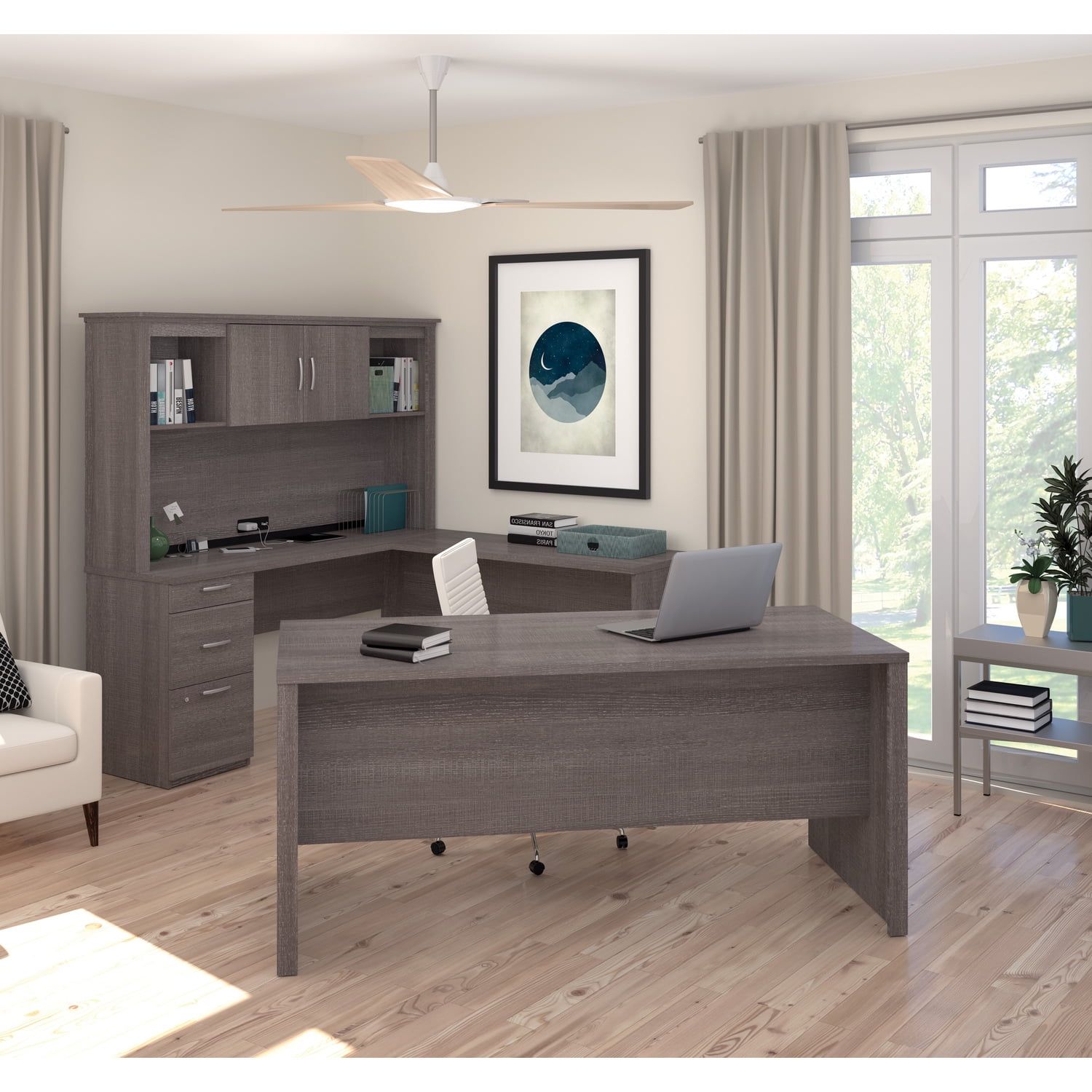 Bark Grey Contemporary Corner Computer Desk with Hutch and Power Outlets