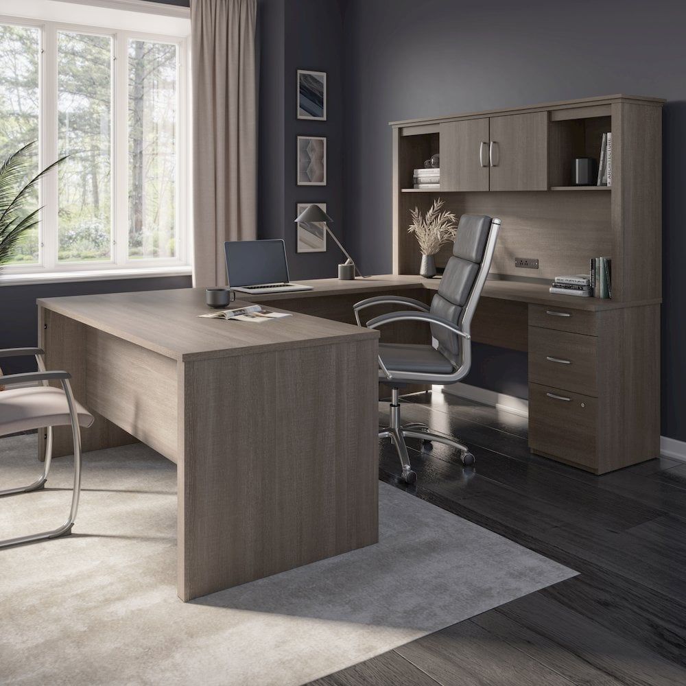 Bark Grey Contemporary Corner Computer Desk with Hutch and Power Outlets