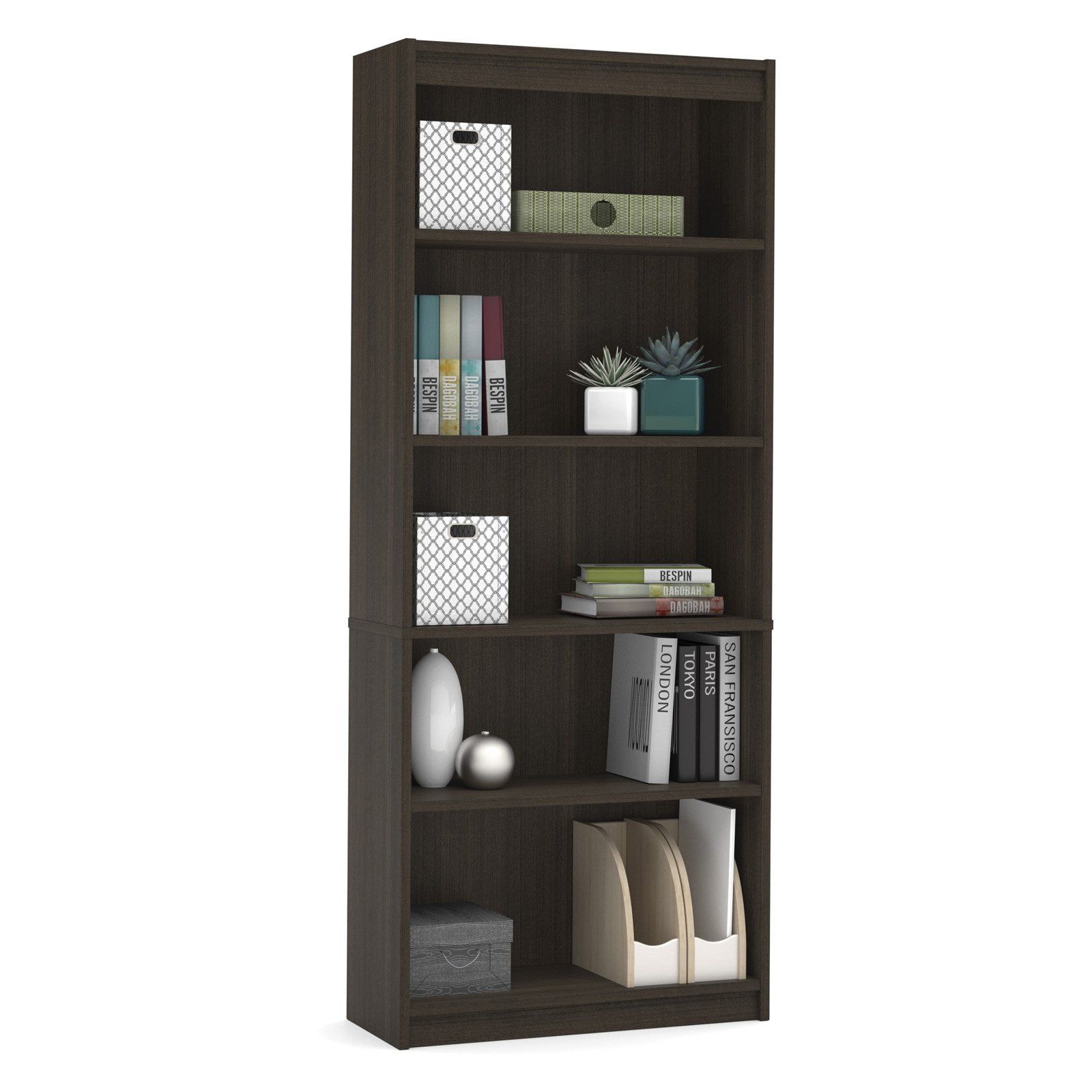 Transitional Dark Chocolate Adjustable 5-Shelf Bookcase