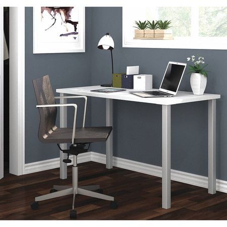 Minimalist White and Silver Office Desk with Metal Legs