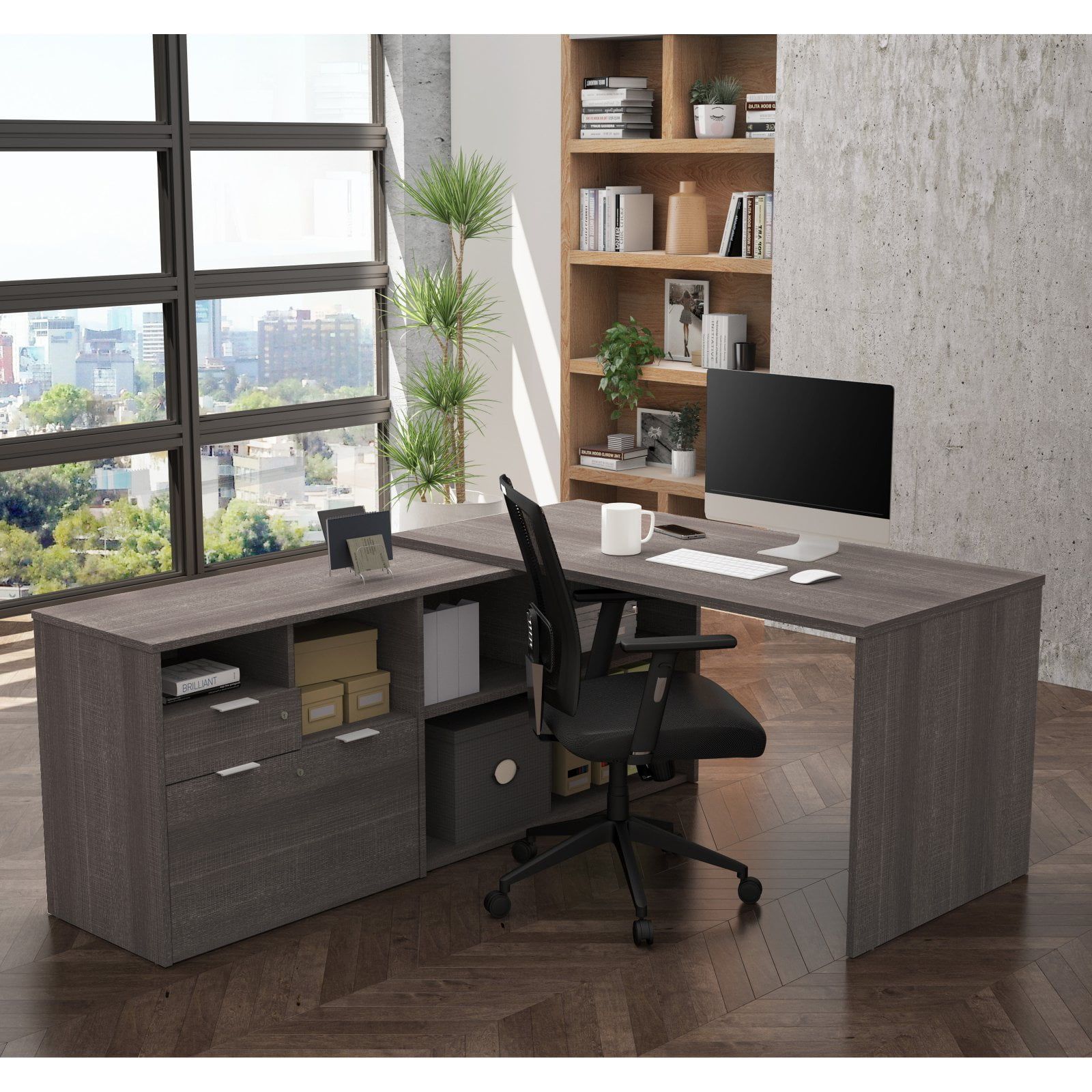 Bark Grey L-Shaped Wood Home Office Desk with Drawer