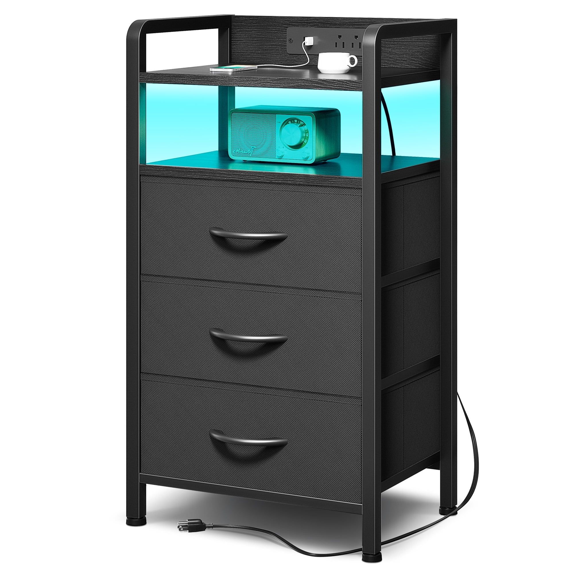 Black Metal Nightstand with LED Light and 3 Fabric Drawers