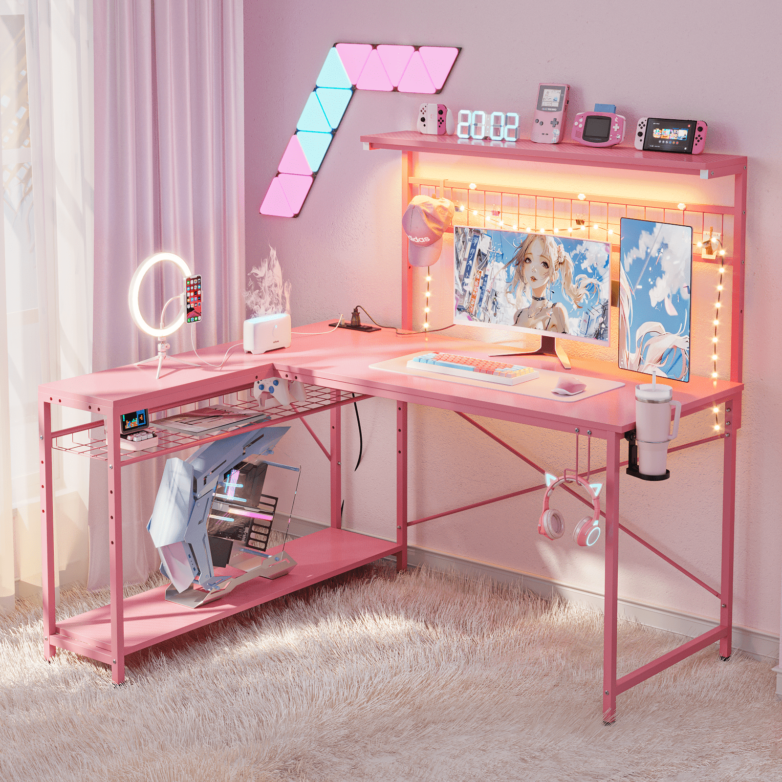 Pink L-Shaped Adjustable Gaming Desk with Shelves and Power Outlets