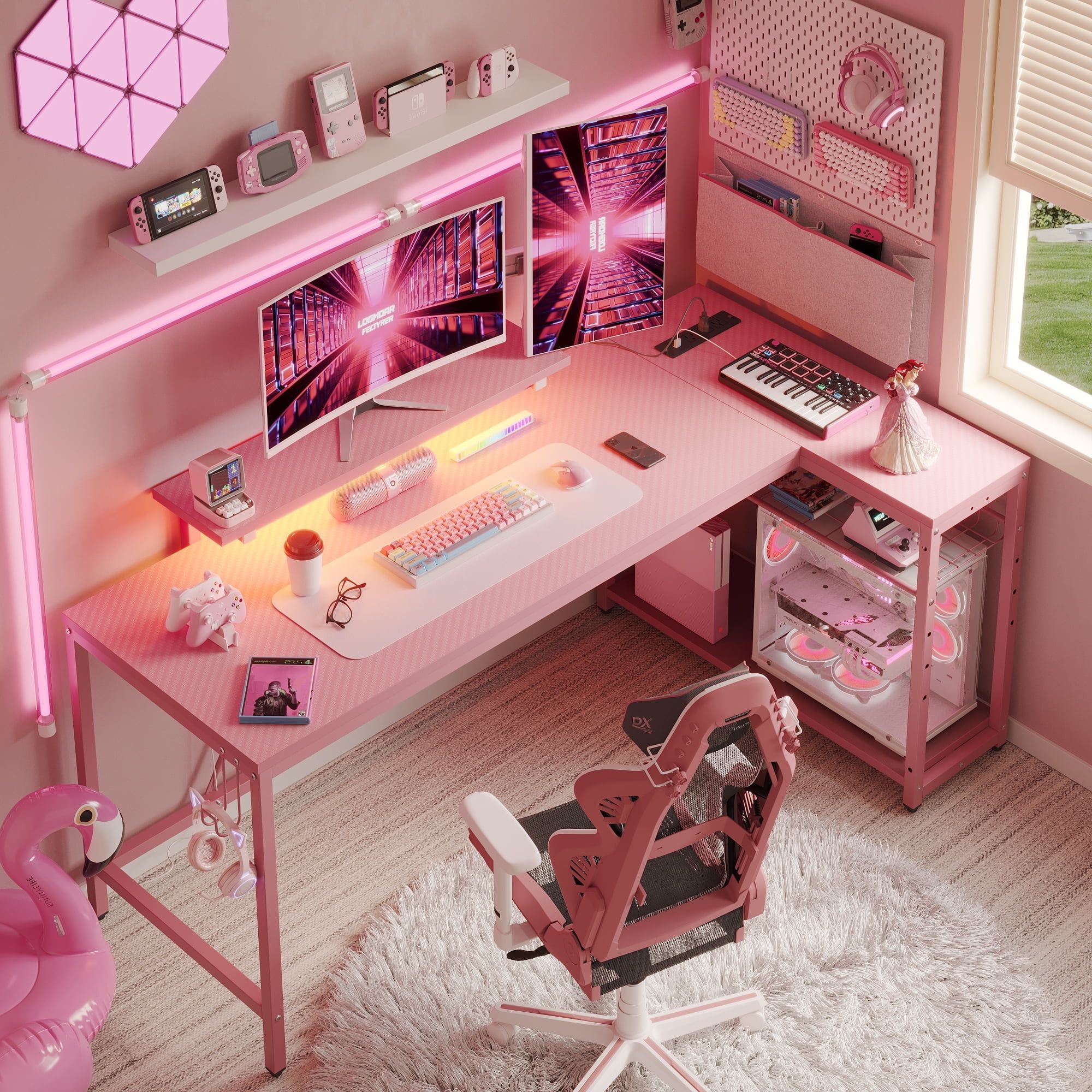 Pink L-Shaped Gaming Desk with LED Lights and Power Outlets