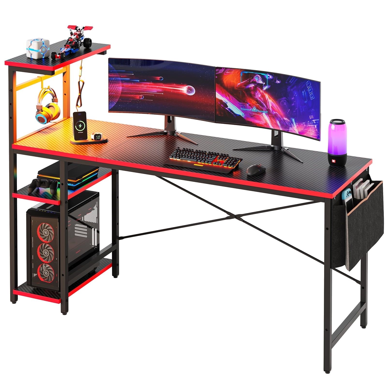 Black Carbon Fiber Gaming Desk with LED Lights and Shelves