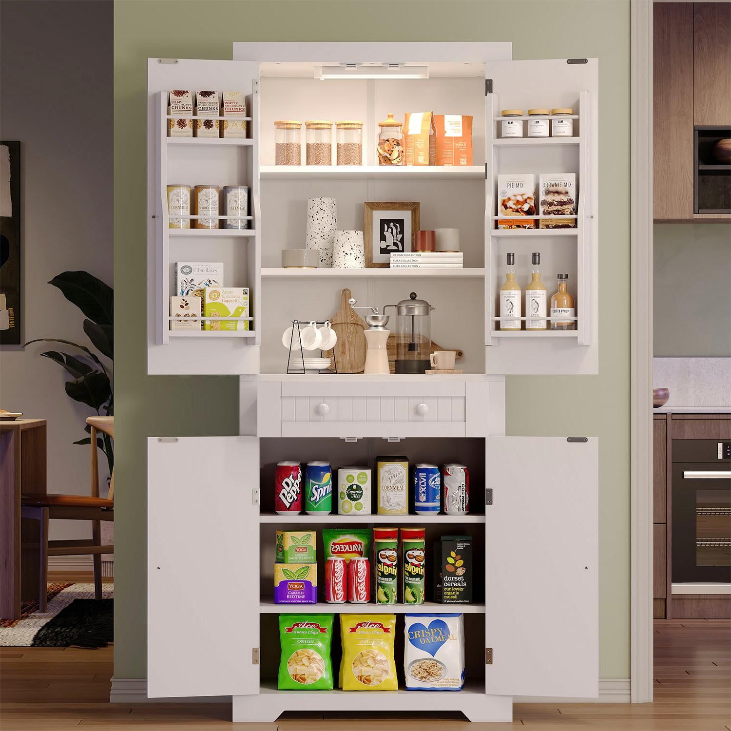 White 72" Tall Kitchen Pantry Cabinet with Motion Sensor Light