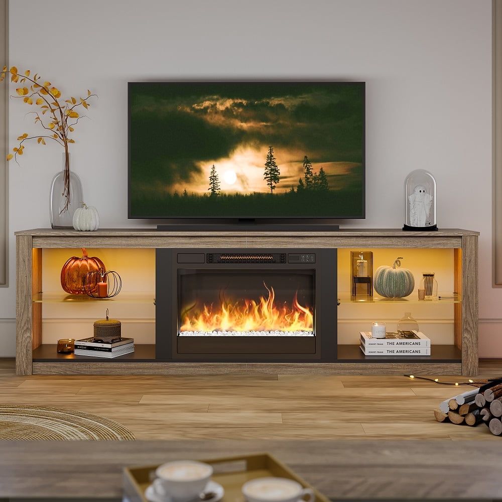 Wash Grey Electric Fireplace TV Stand with LED Lights for 75" TV