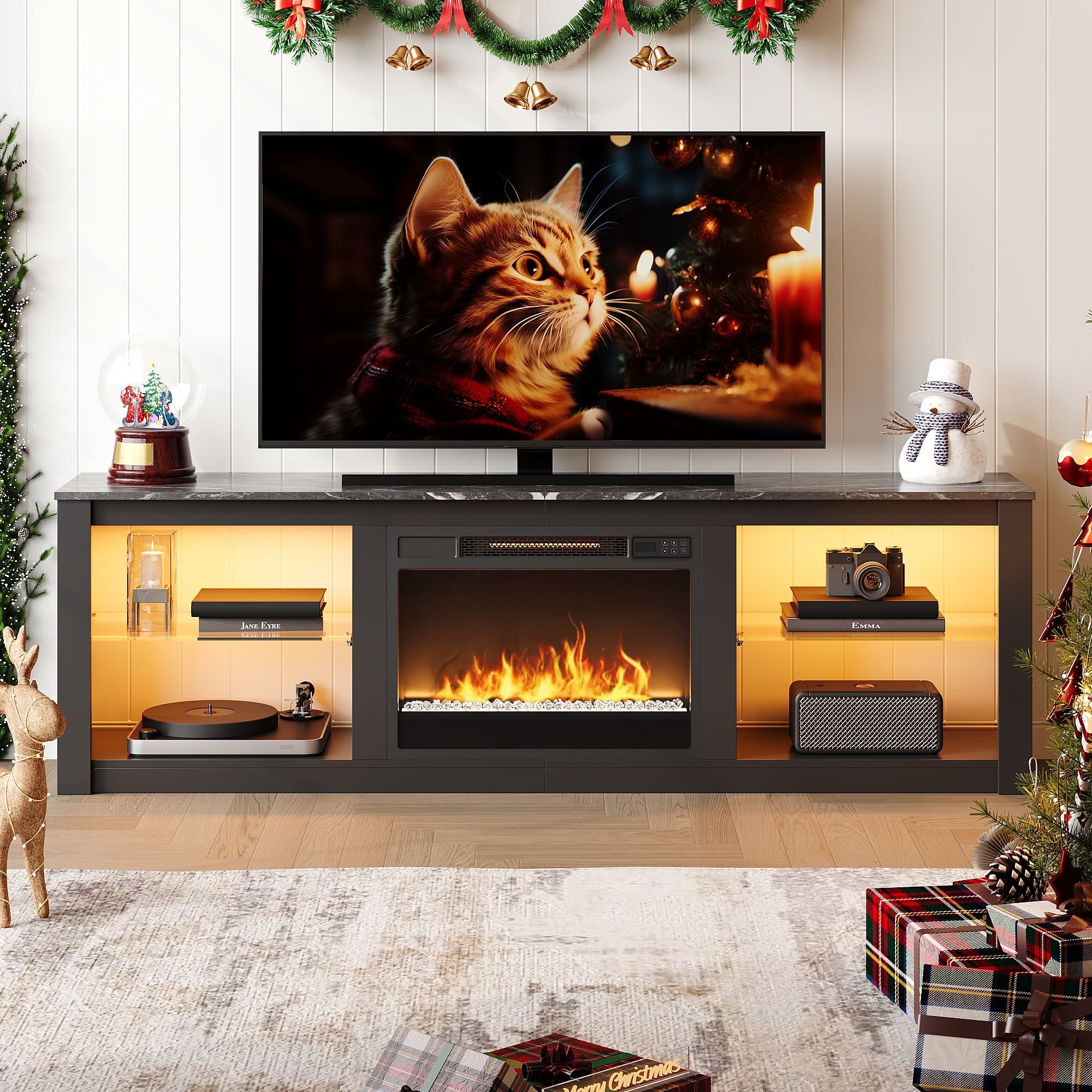 Black Modern Electric Fireplace TV Stand with LED Lights and Cabinet