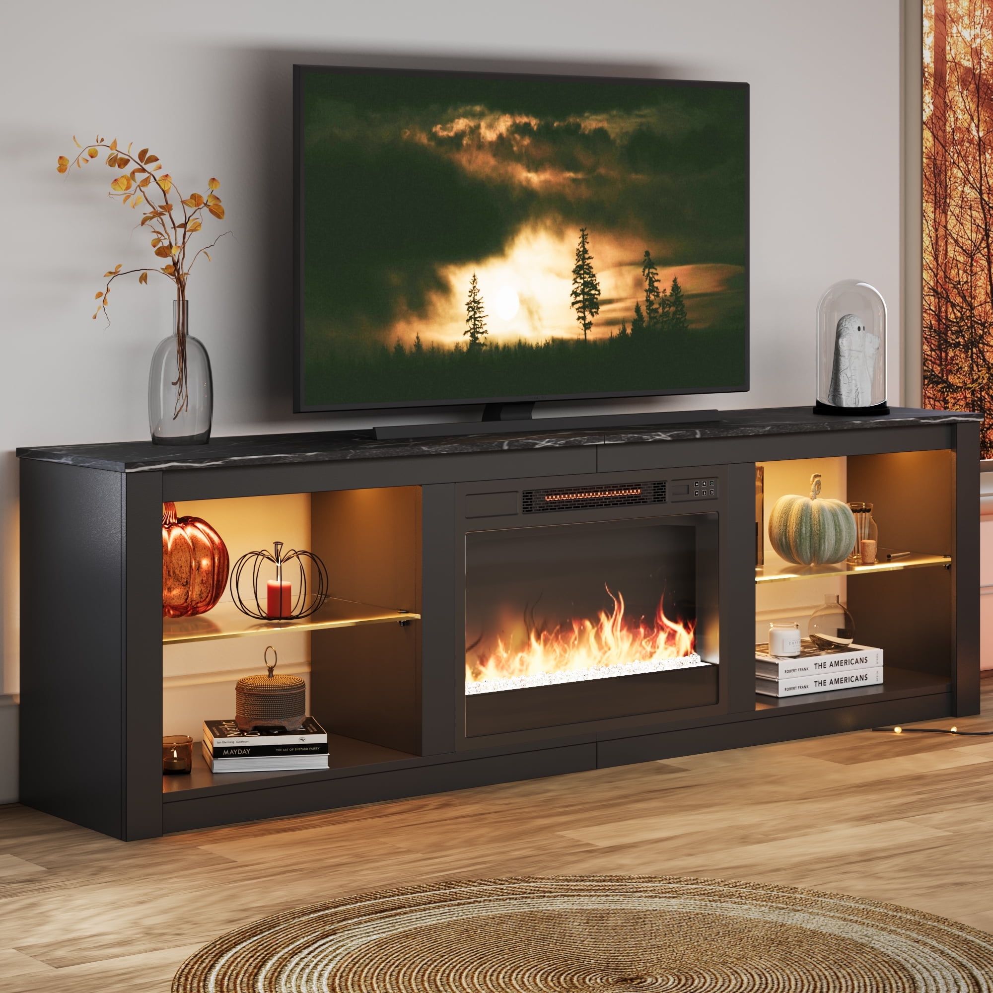 Black Modern Electric Fireplace TV Stand with LED Lights and Cabinet