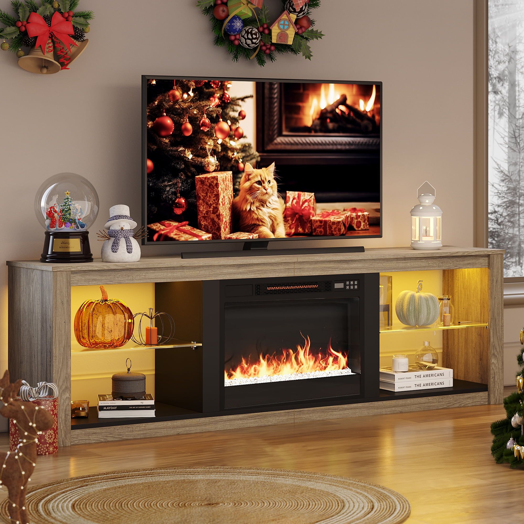 Wash Grey Electric Fireplace TV Stand with LED Lights for 75" TV