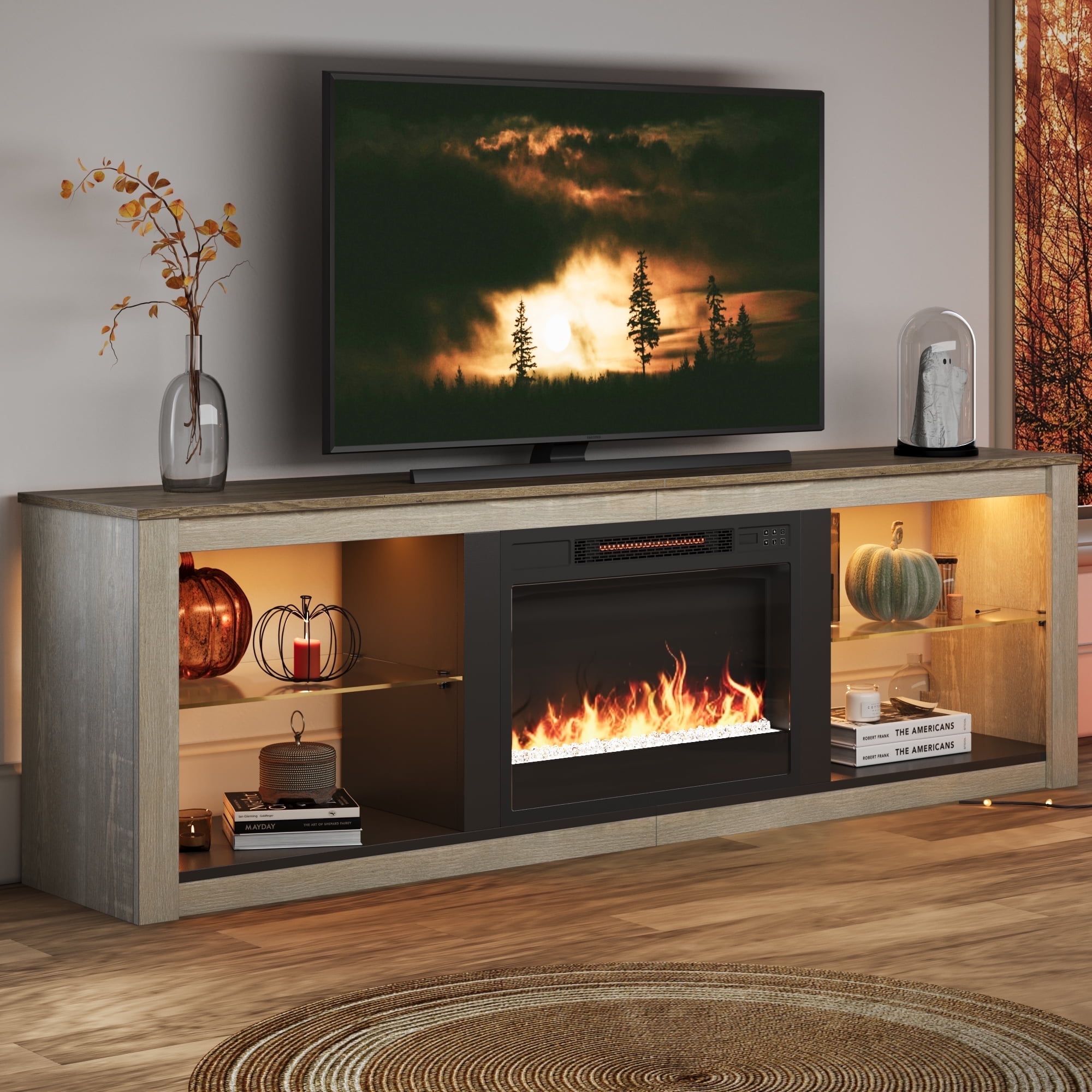 Light Grey Modern TV Stand with Electric Fireplace and LED Lights