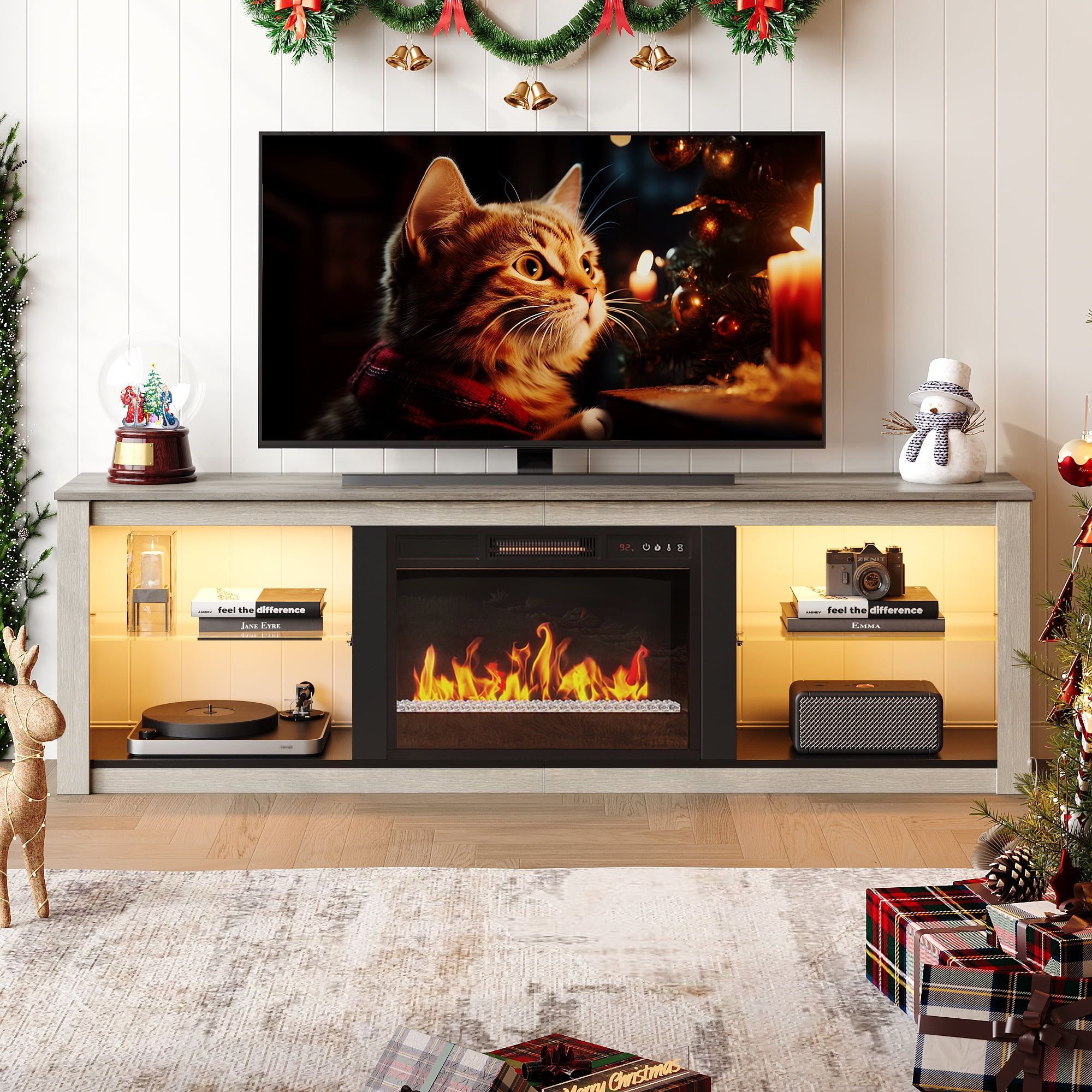 Light Grey Modern TV Stand with Electric Fireplace and LED Lights