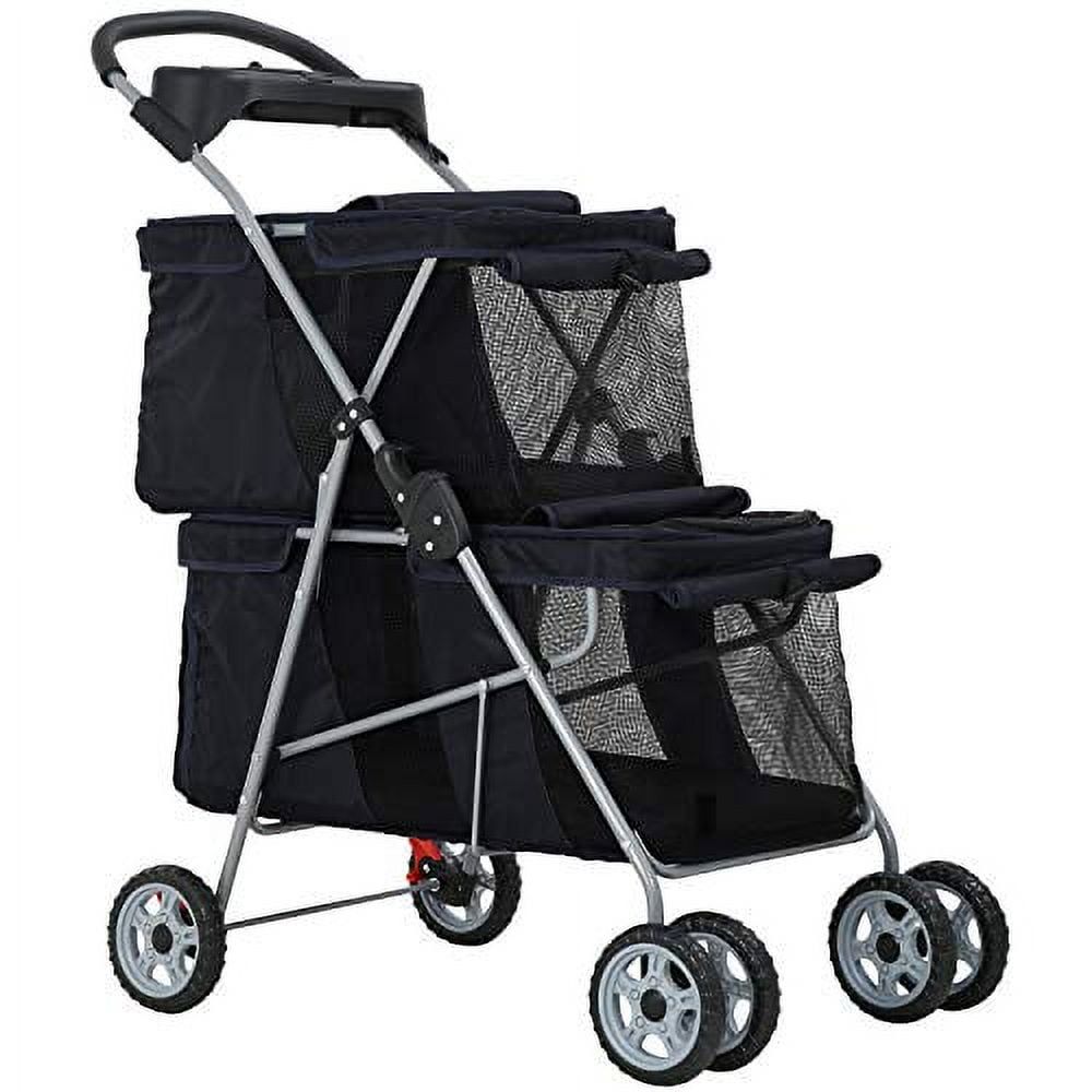 Black Double-Layer Lightweight Pet Stroller with Mesh Panels