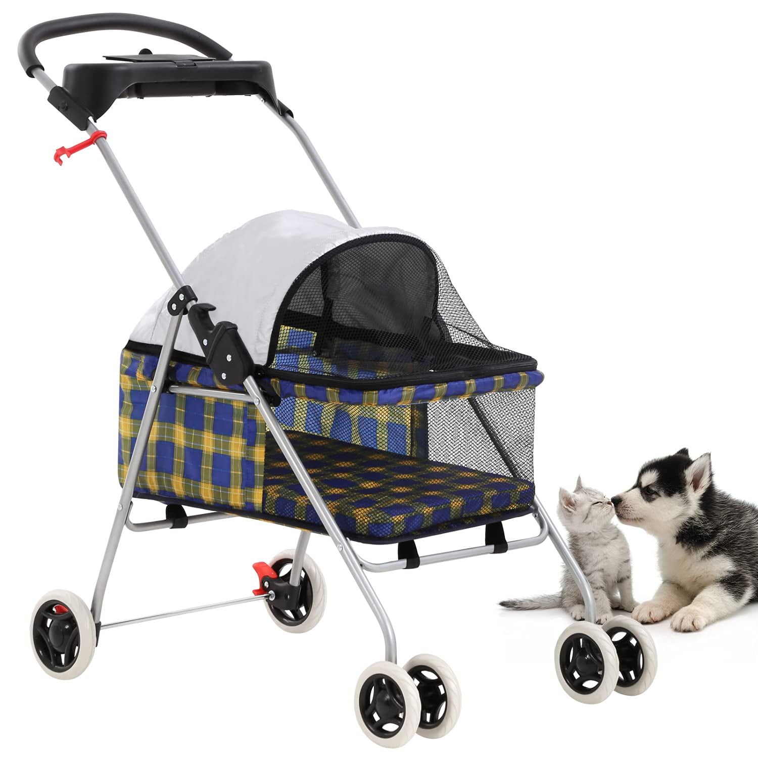 Yellow Plaid Aluminum Pet Stroller with Cup Holder