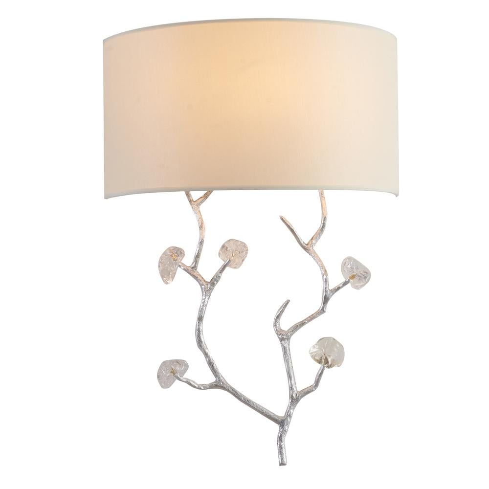Silver Branch Wall Sconce with Clear Glass Petals and Off-White Shade