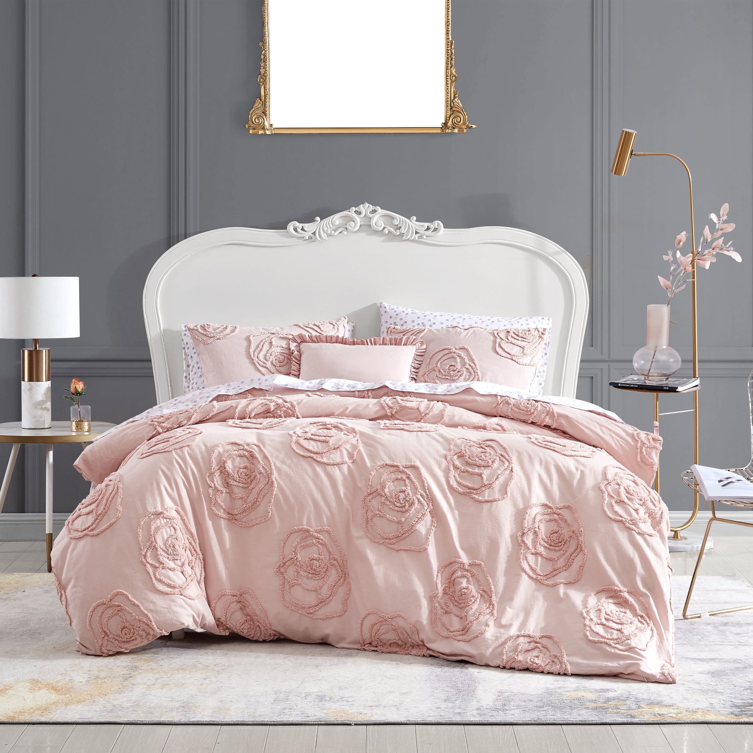 Blush Pink Cotton Twin Duvet Cover Set with Ruffle Pillow