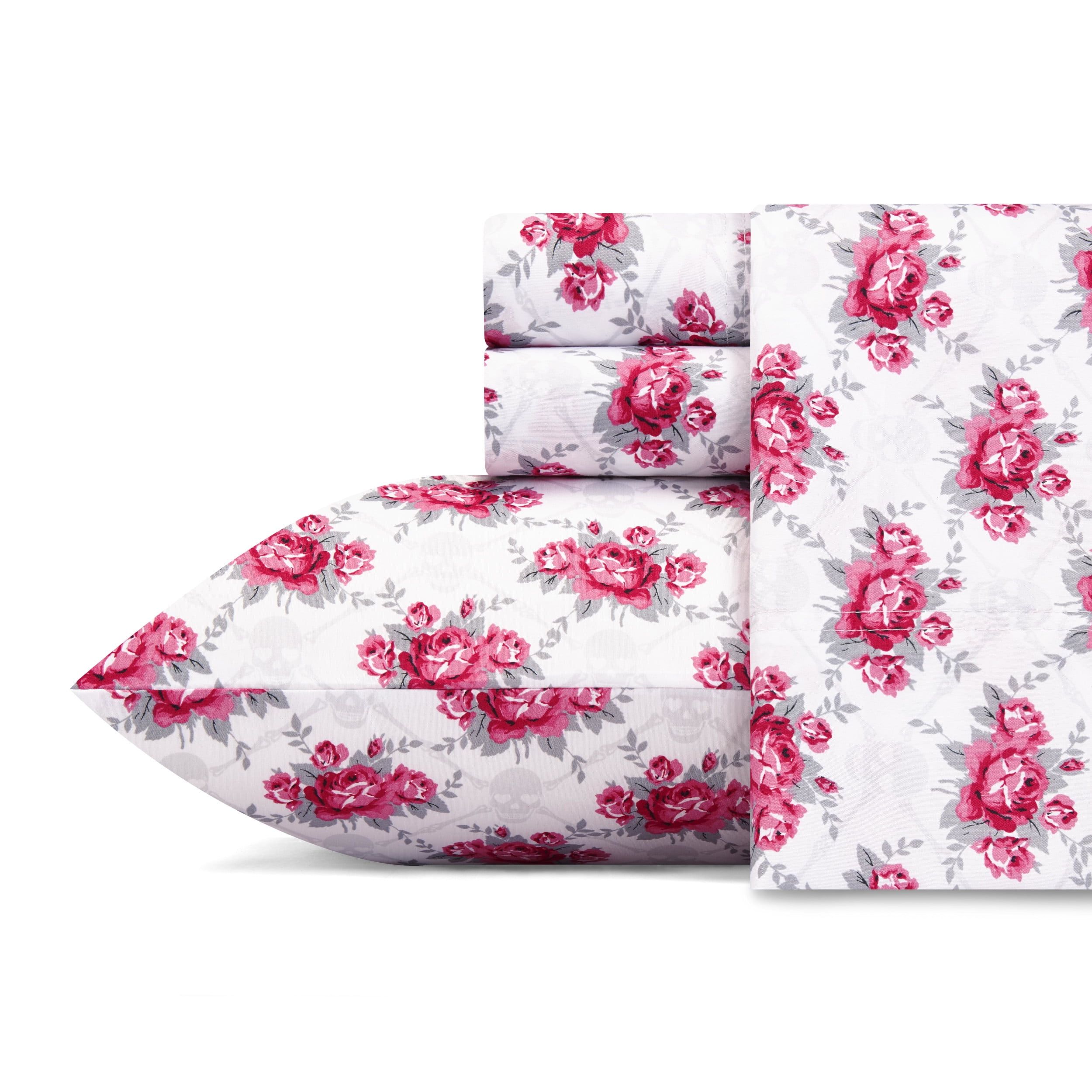 Twin XL Pink Rose Skull Trellis Microfiber Sheet Set