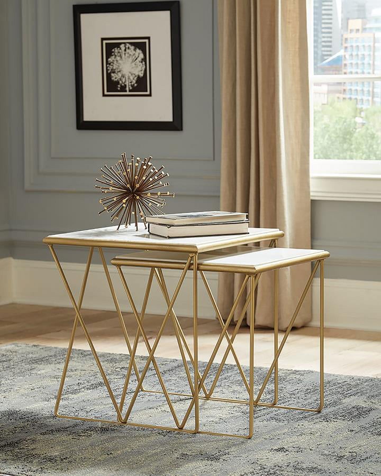 White Marble and Gold Metal Rectangular Nesting Tables