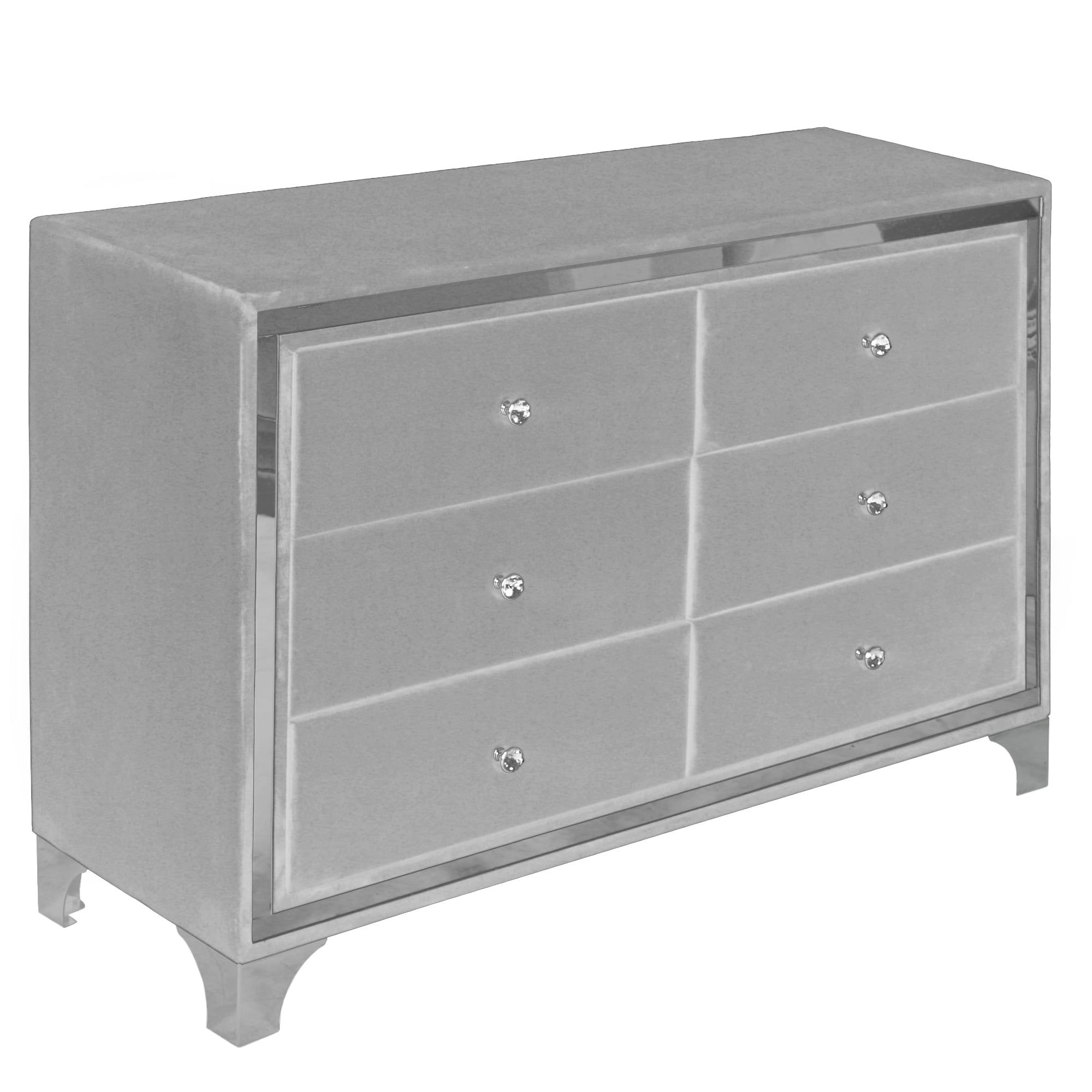 Monica Gray Velvet Upholstered Double Dresser with Mirror Trim