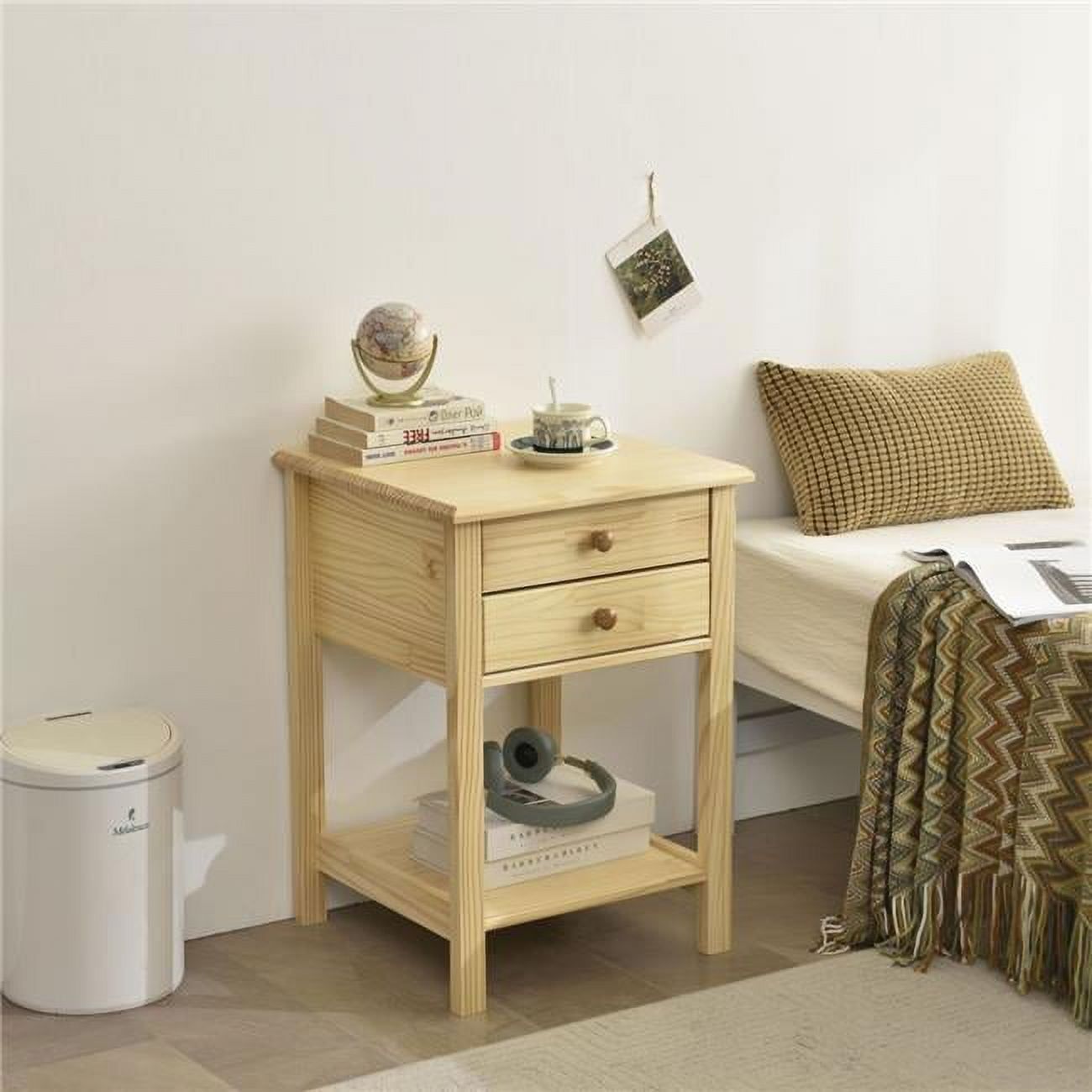 Minimalist Natural Pine Wood 2-Drawer Compact Nightstand