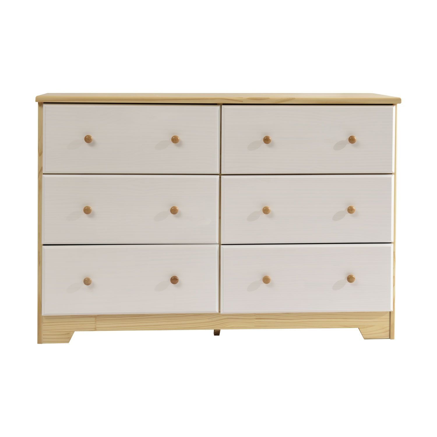 Mid-Century Modern Natural & White 6-Drawer Pine Wood Dresser