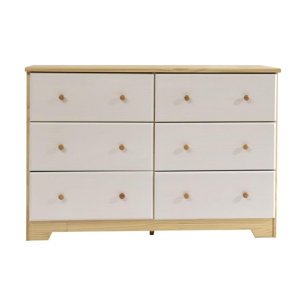 Mid-Century Modern Natural & White 6-Drawer Pine Wood Dresser