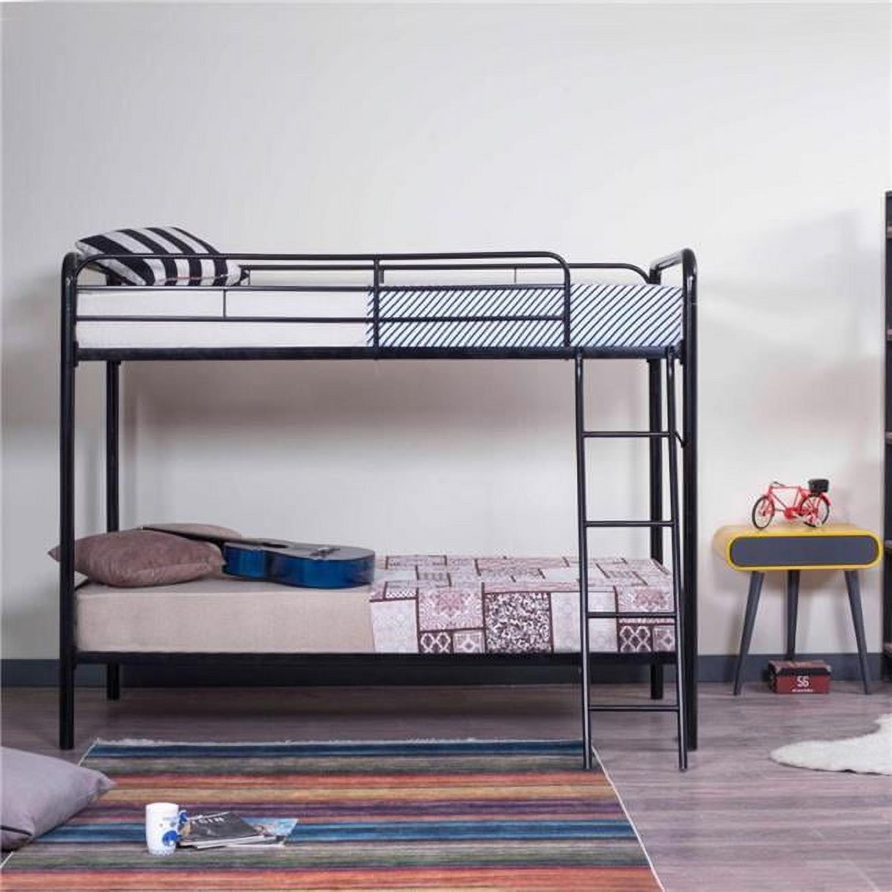 Sleek Twin-Over-Twin Metal Bunk Bed in Black with Integrated Ladder