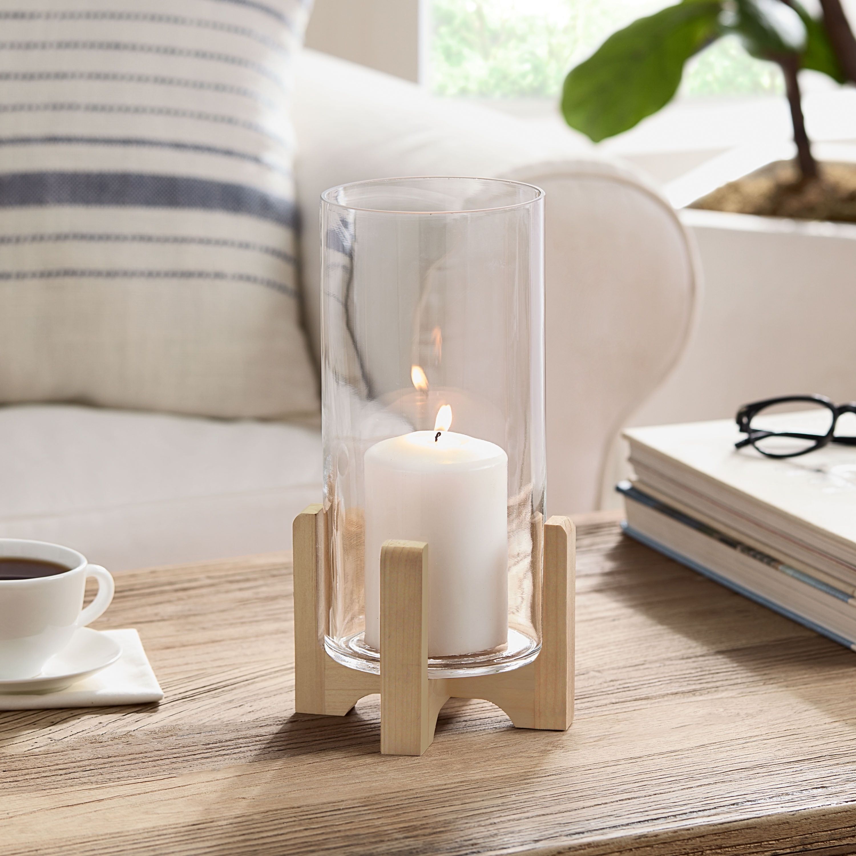 Clear Glass Hurricane Candle Holder with Wood Stand, 11.5 Inches