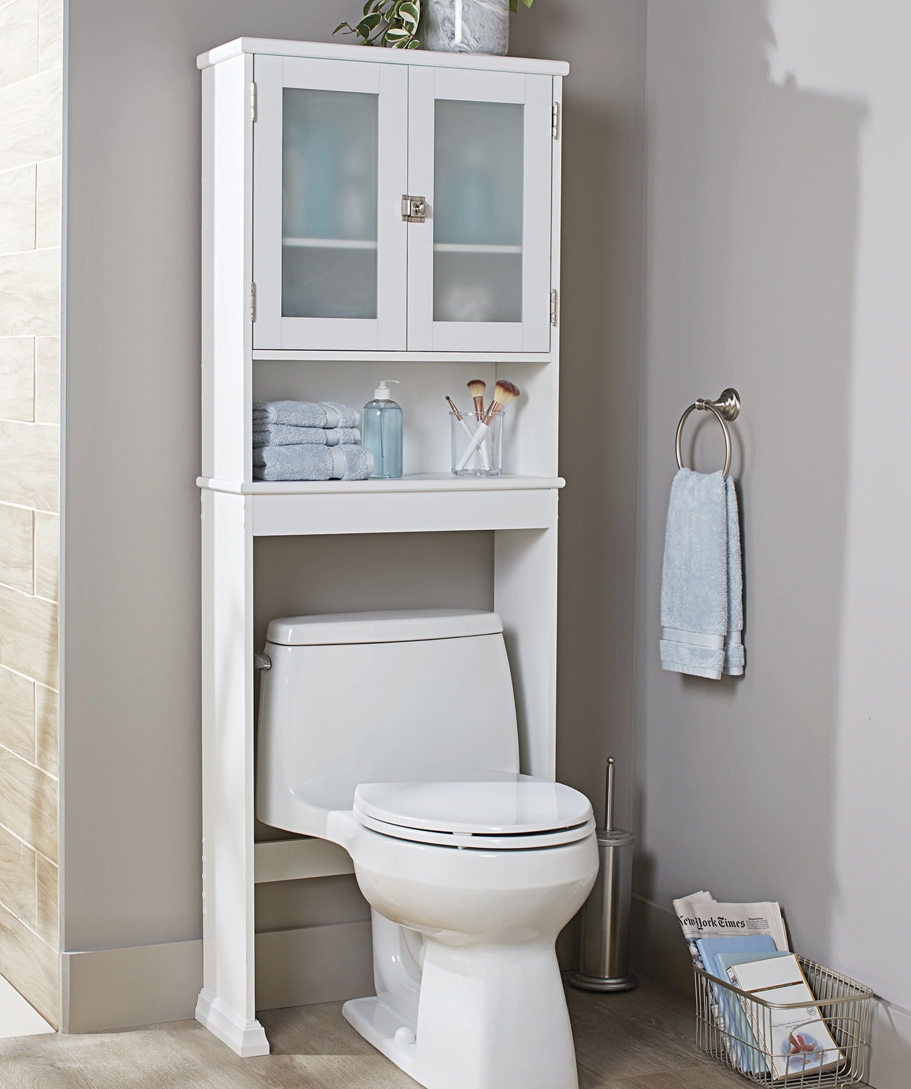 White Medium Density Fiberboard Over-the-Toilet Storage Cabinet with Frosted Glass Doors