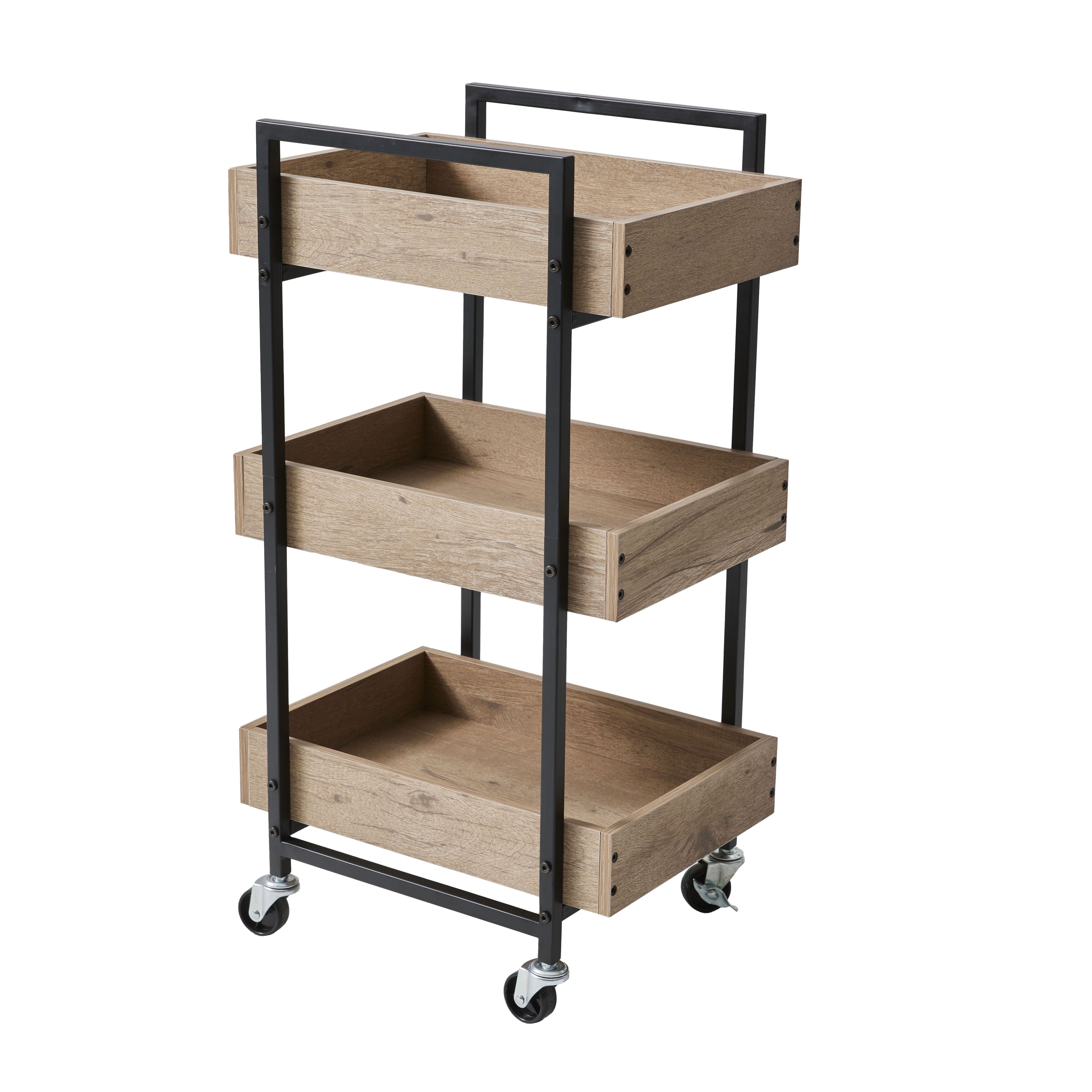 Black and Light Brown 3-Tier Wood & Steel Rolling Utility Cart