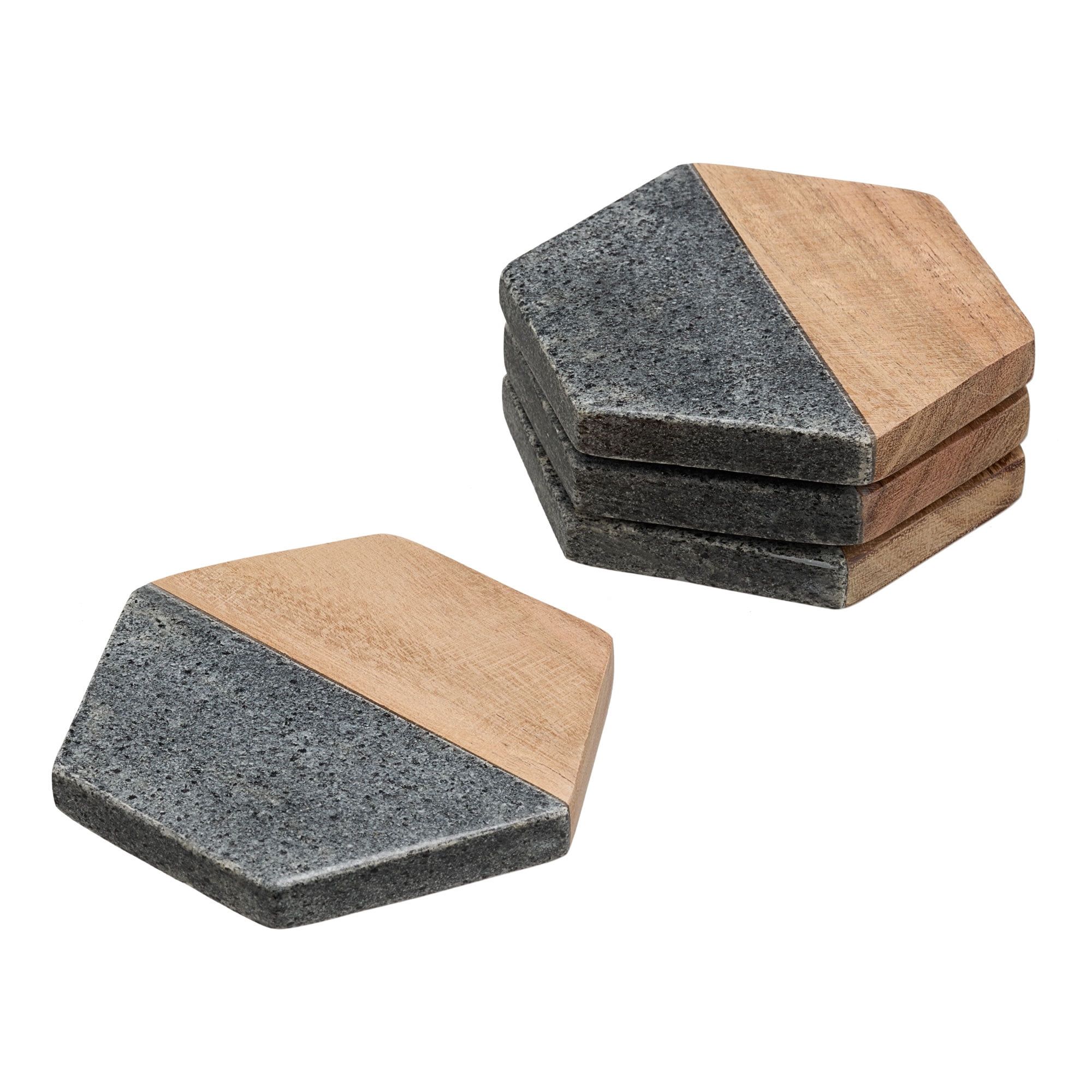 Hexagonal Wood and Stone Coaster Set, 4-Piece