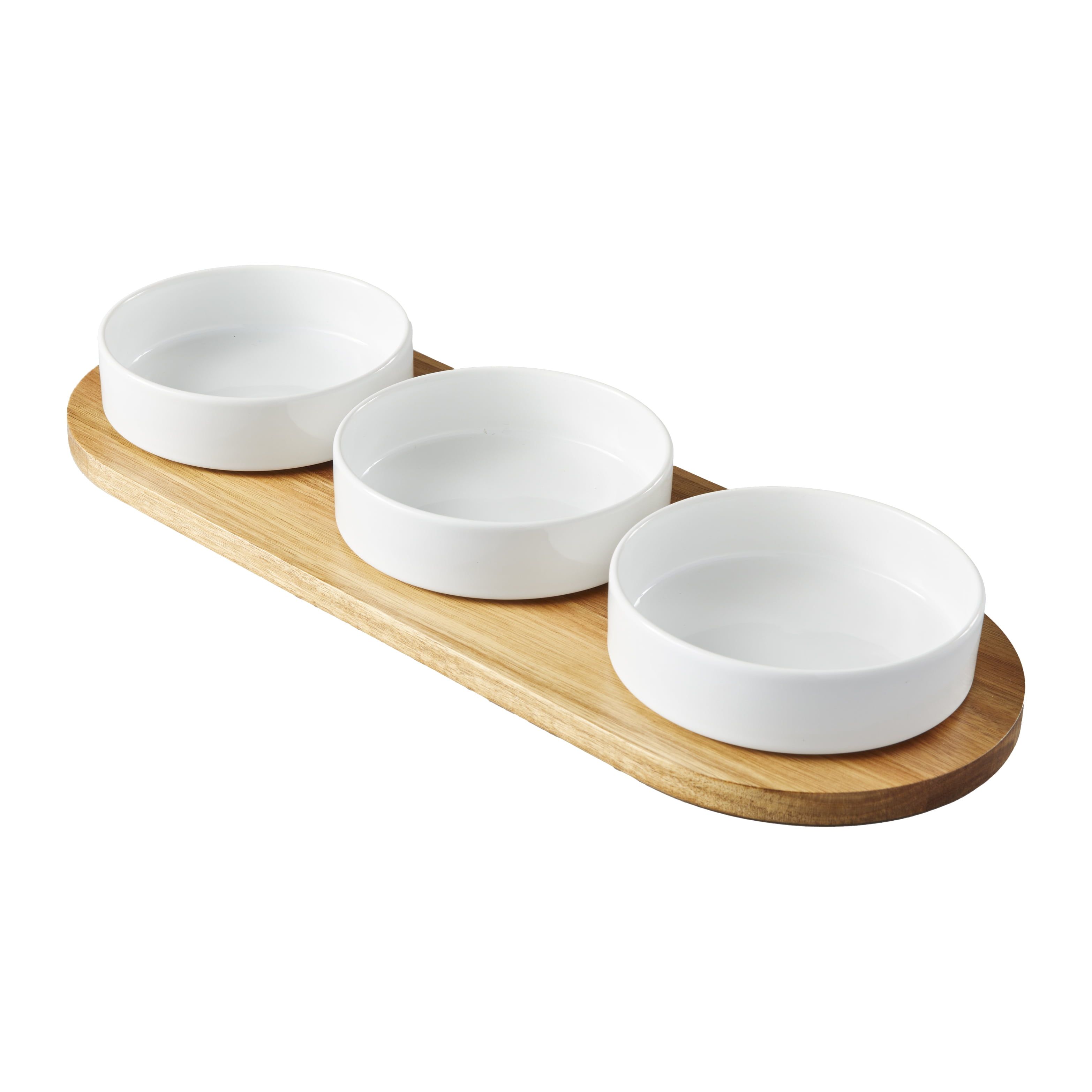 Acacia Wood Tray with White Ceramic Condiment Bowls