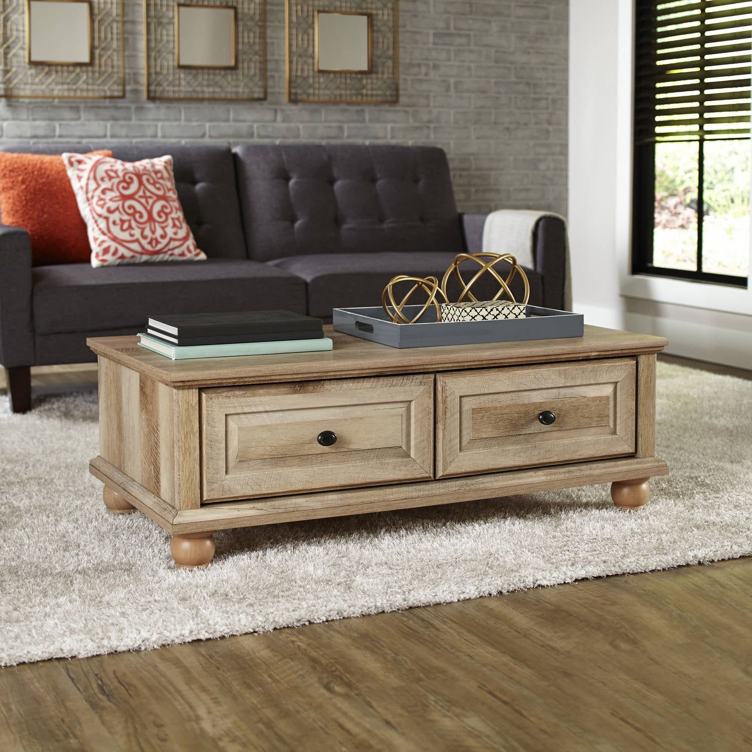 Lintel Oak Rectangular Wood and Metal Coffee Table with Storage