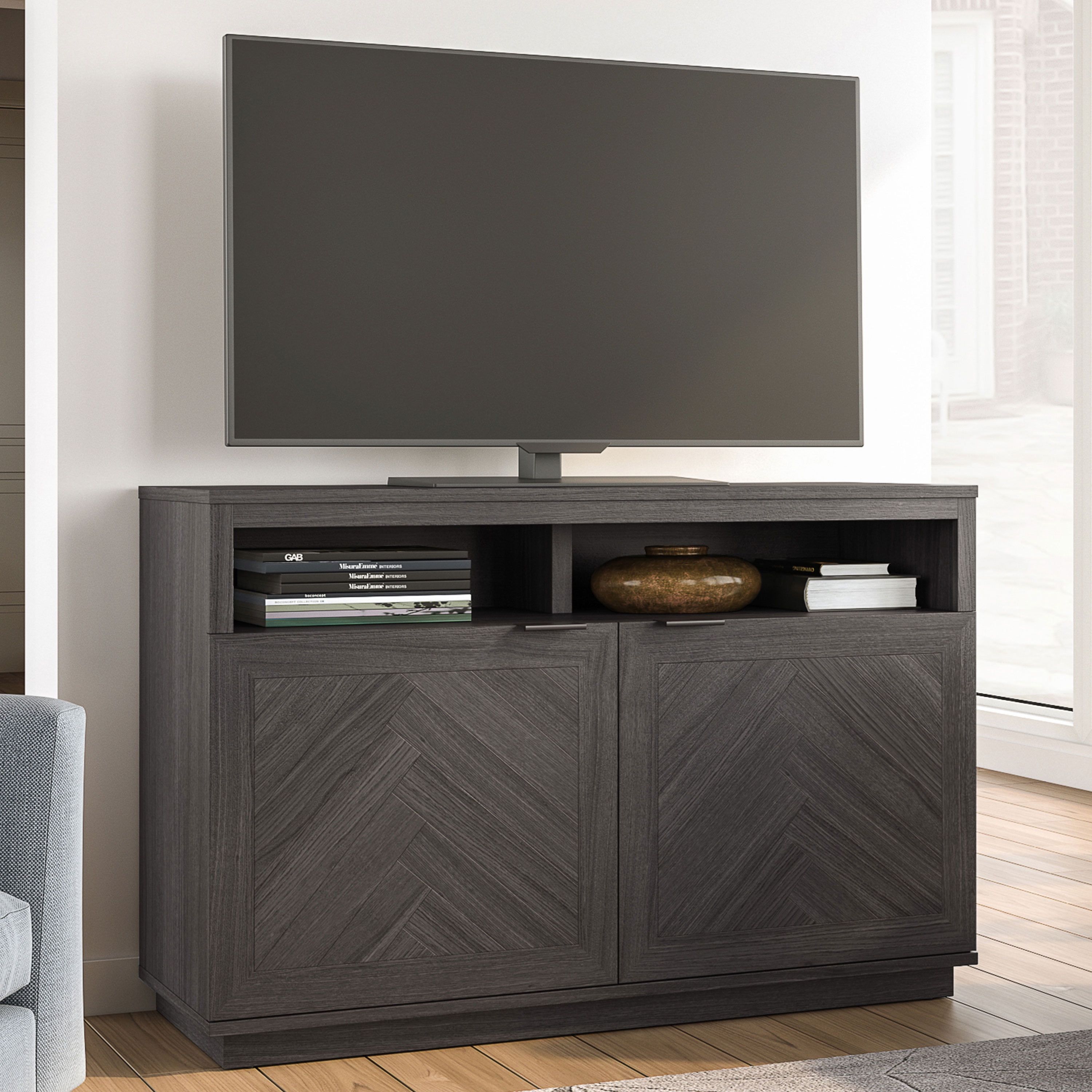 Gray Herringbone Pattern TV Stand with Cabinet for 55" TVs