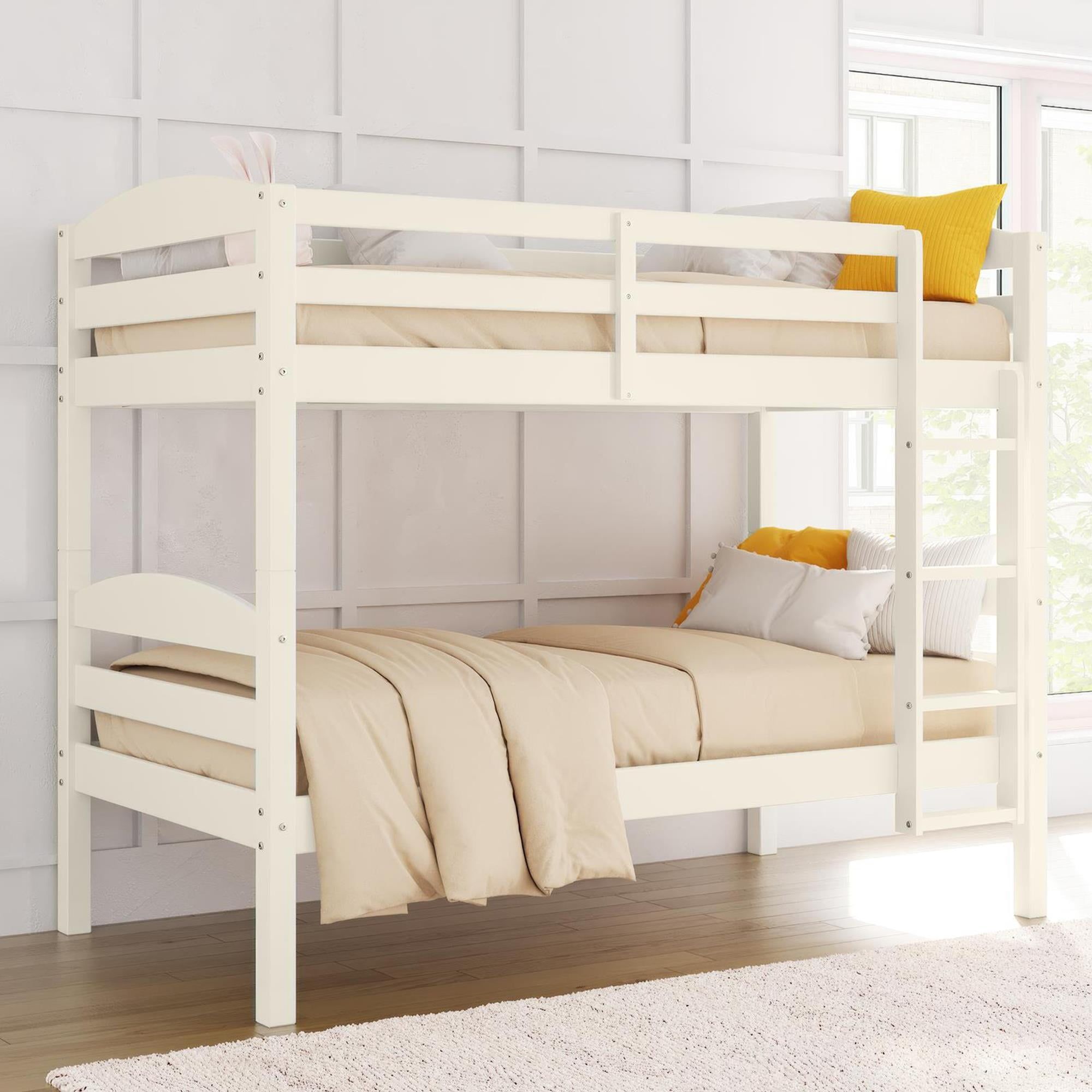 Vanilla Twin-over-Twin Wood Bunk Bed with Guardrail and Ladder