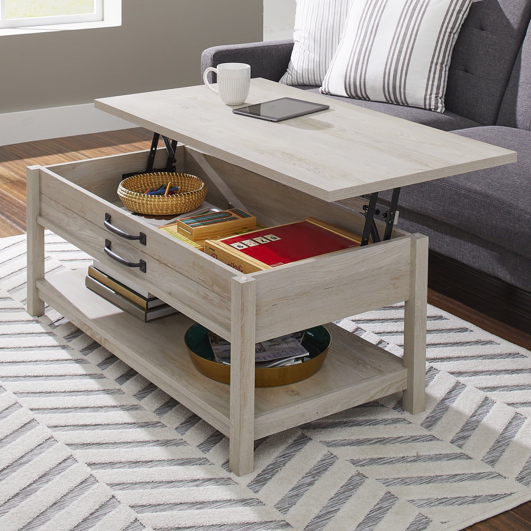 Rustic White Rectangular Wood and Metal Lift-Top Coffee Table