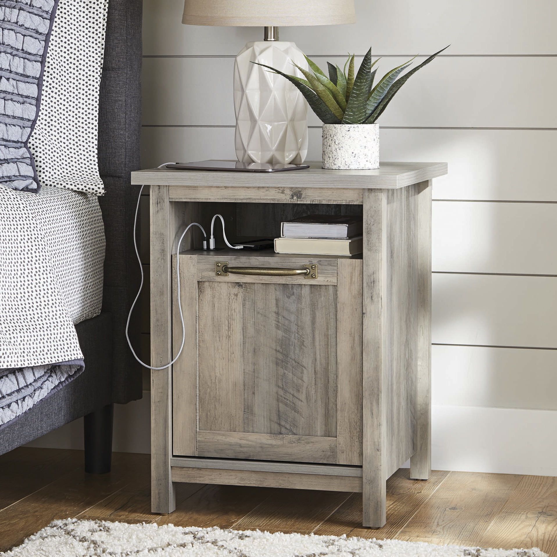 Rustic Gray Modern Farmhouse USB Nightstand with Antique Brass Hardware