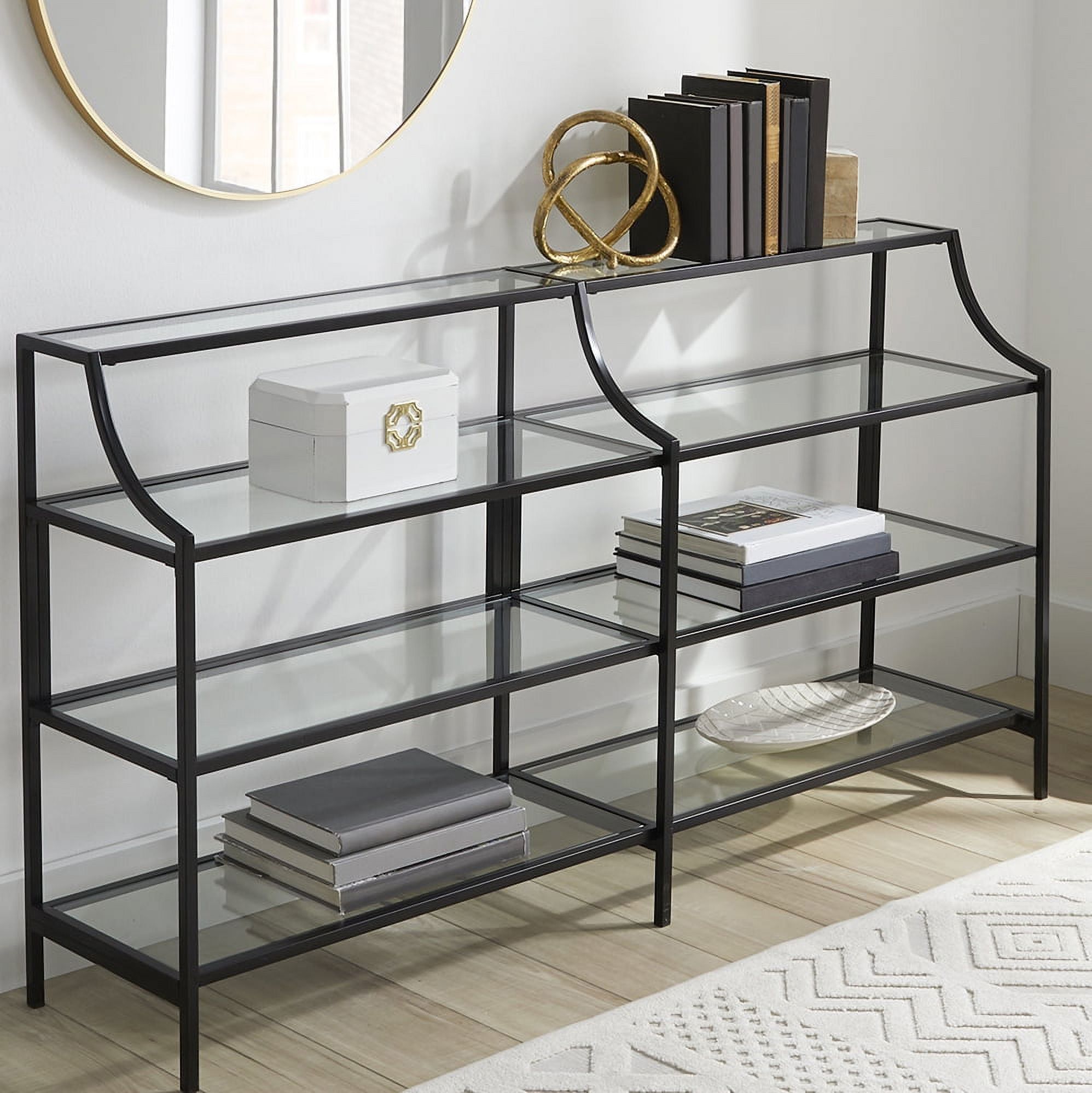 Black Metal and Glass Console Table with Storage Shelves