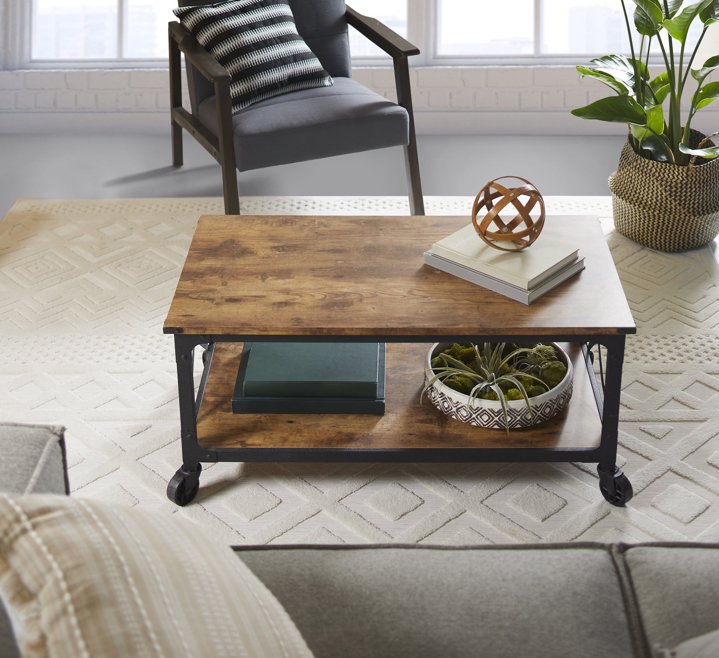 Rustic Pine and Black Metal Rectangular Coffee Table with Shelf