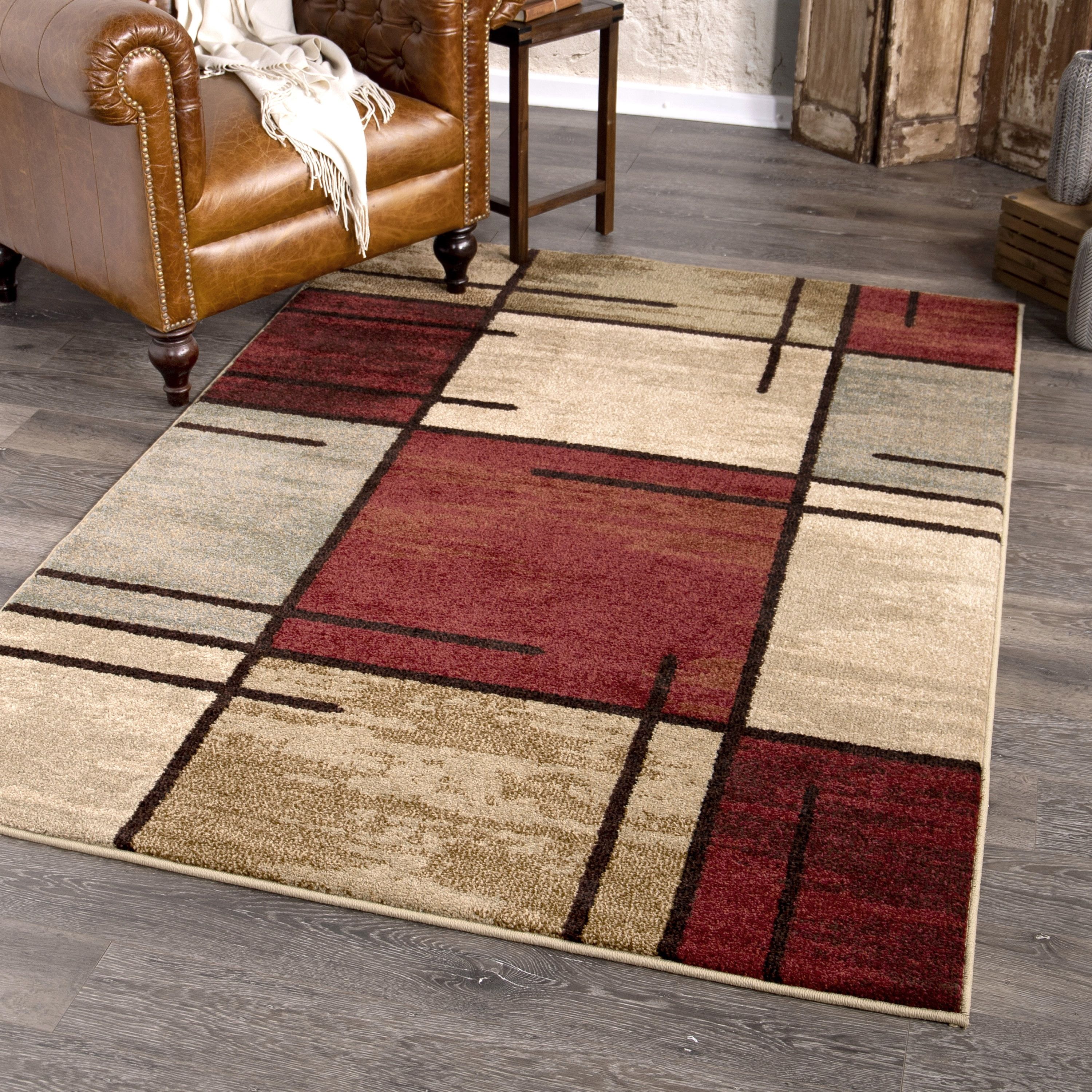 Red Geometric 5' x 7' Synthetic Stain-Resistant Area Rug