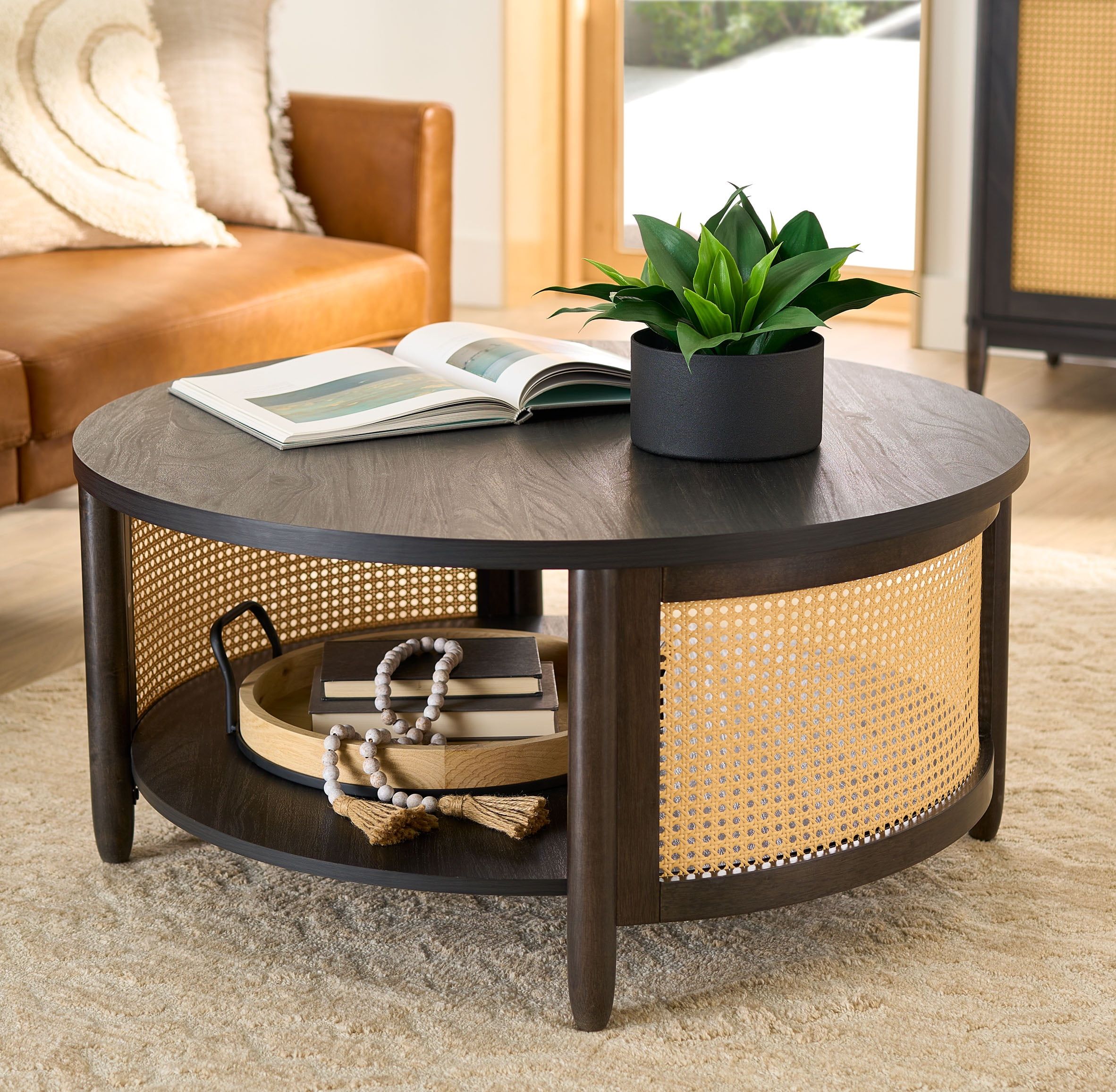 Charcoal Round Coffee Table with Rattan Caning and Storage Shelf