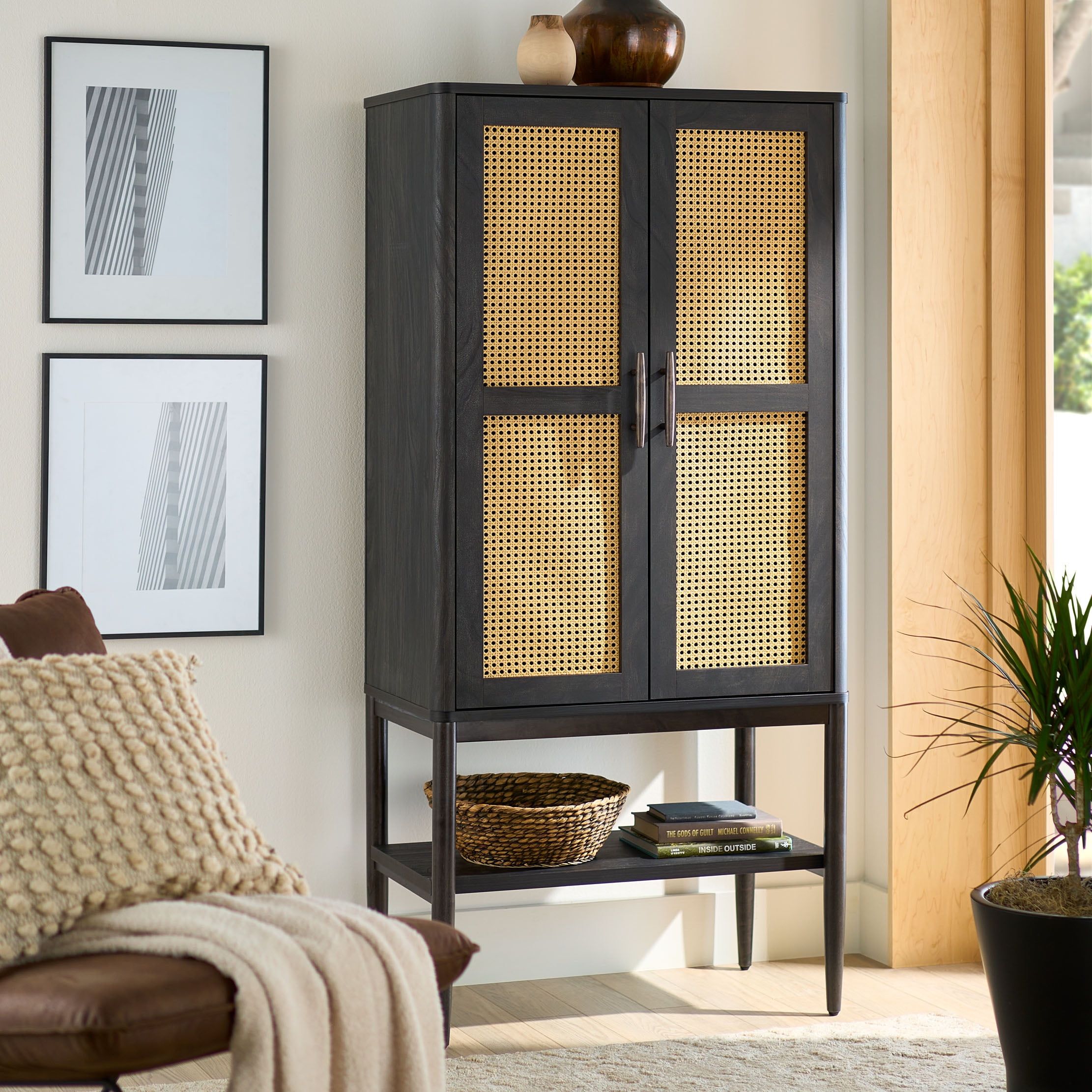 Charcoal Black Rattan Insert Living Room Cabinet with Adjustable Shelves