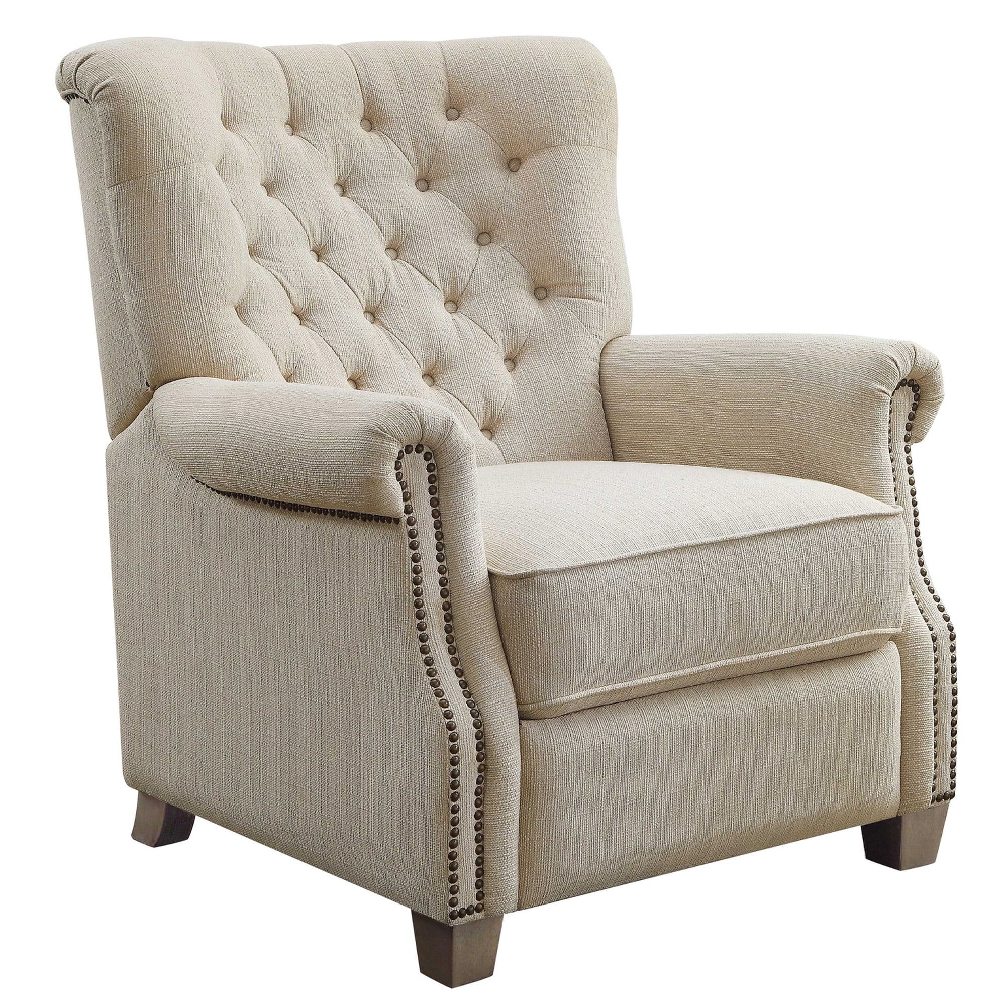 Beige Tufted Wood Frame Recliner with Nailhead Trim