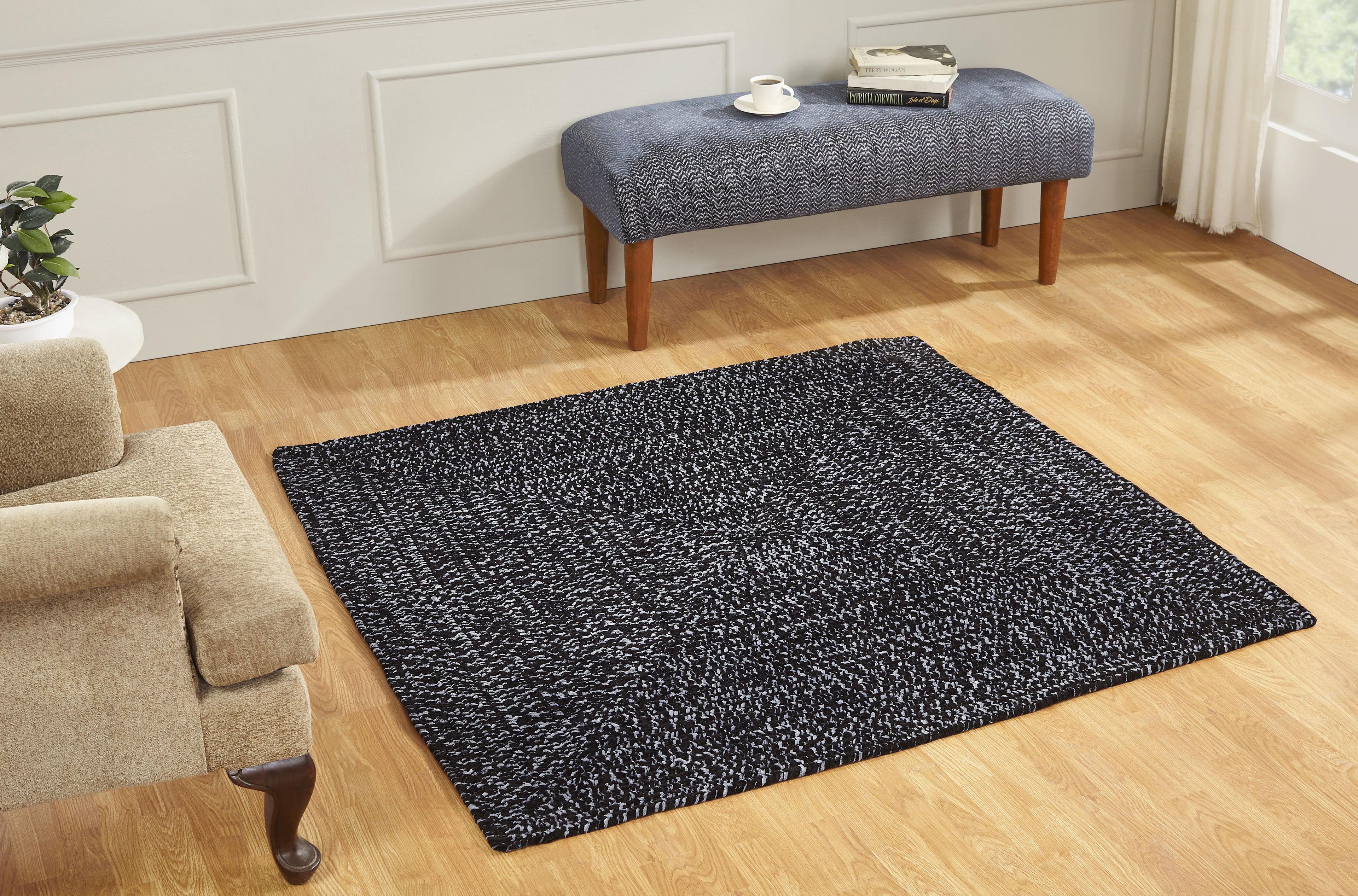 Black and Gray Braided Reversible Synthetic Square Rug